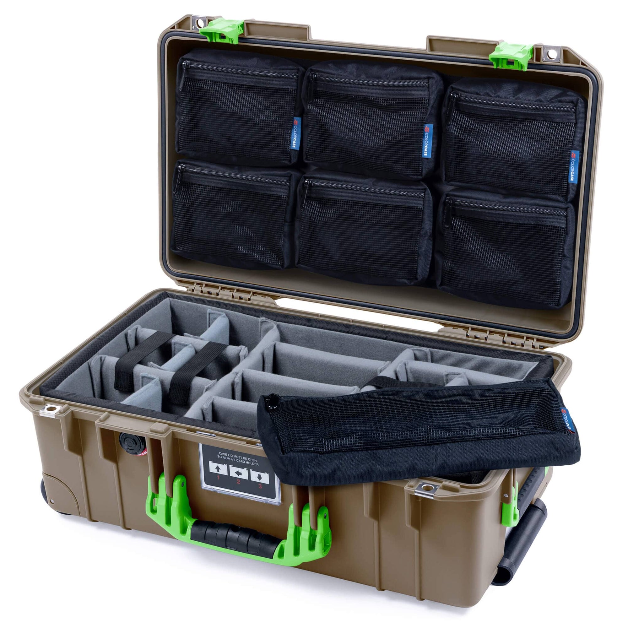 Pelican 1535 Air Case, Dark Desert Dirt with Lime Green Handles & Latches ColorCase
