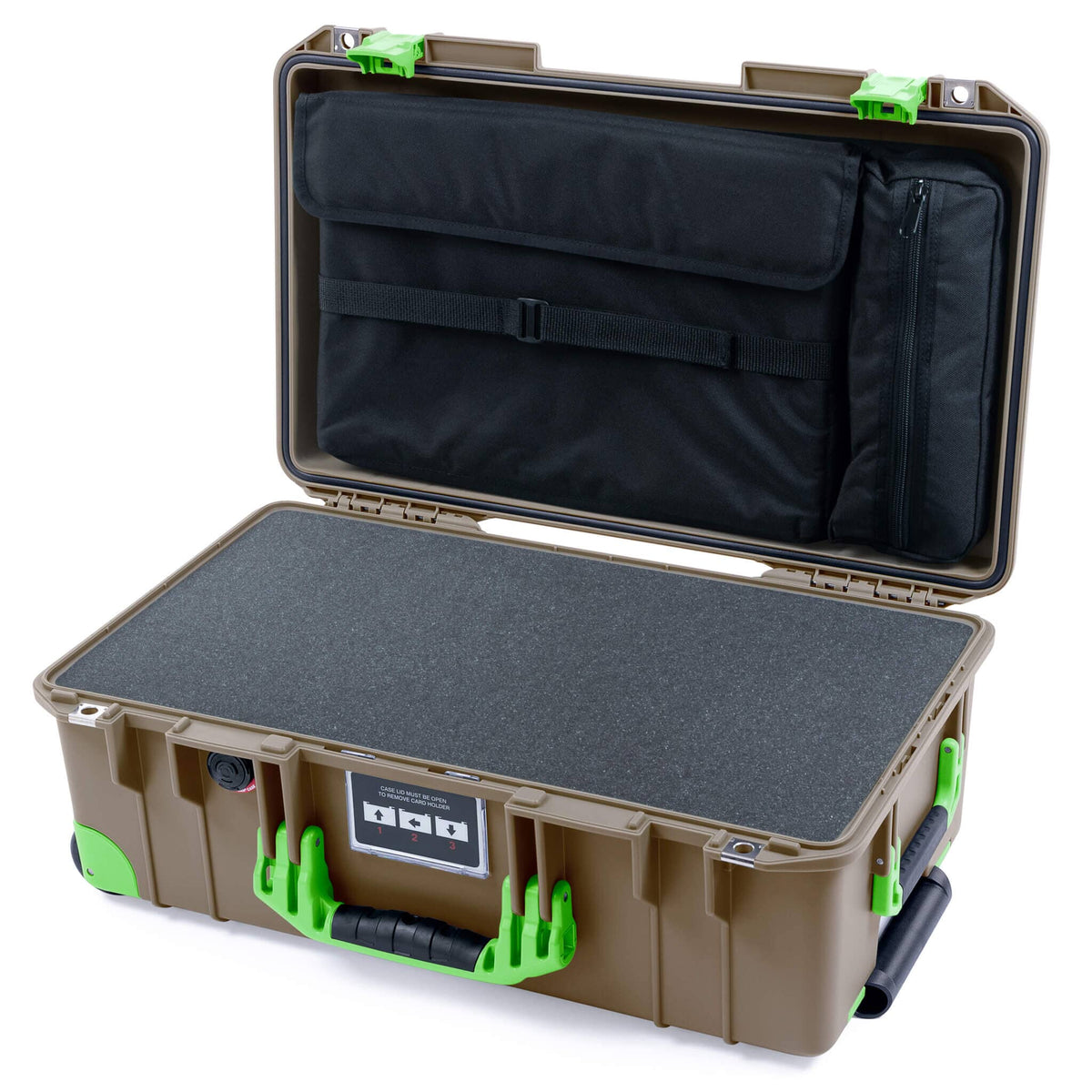 Pelican 1535 Air Case, Dark Desert Dirt with Lime Green Handles, Latches &amp; Trolley Pick &amp; Pluck Foam with Computer Pouch ColorCase 015350-0201-580-301-300