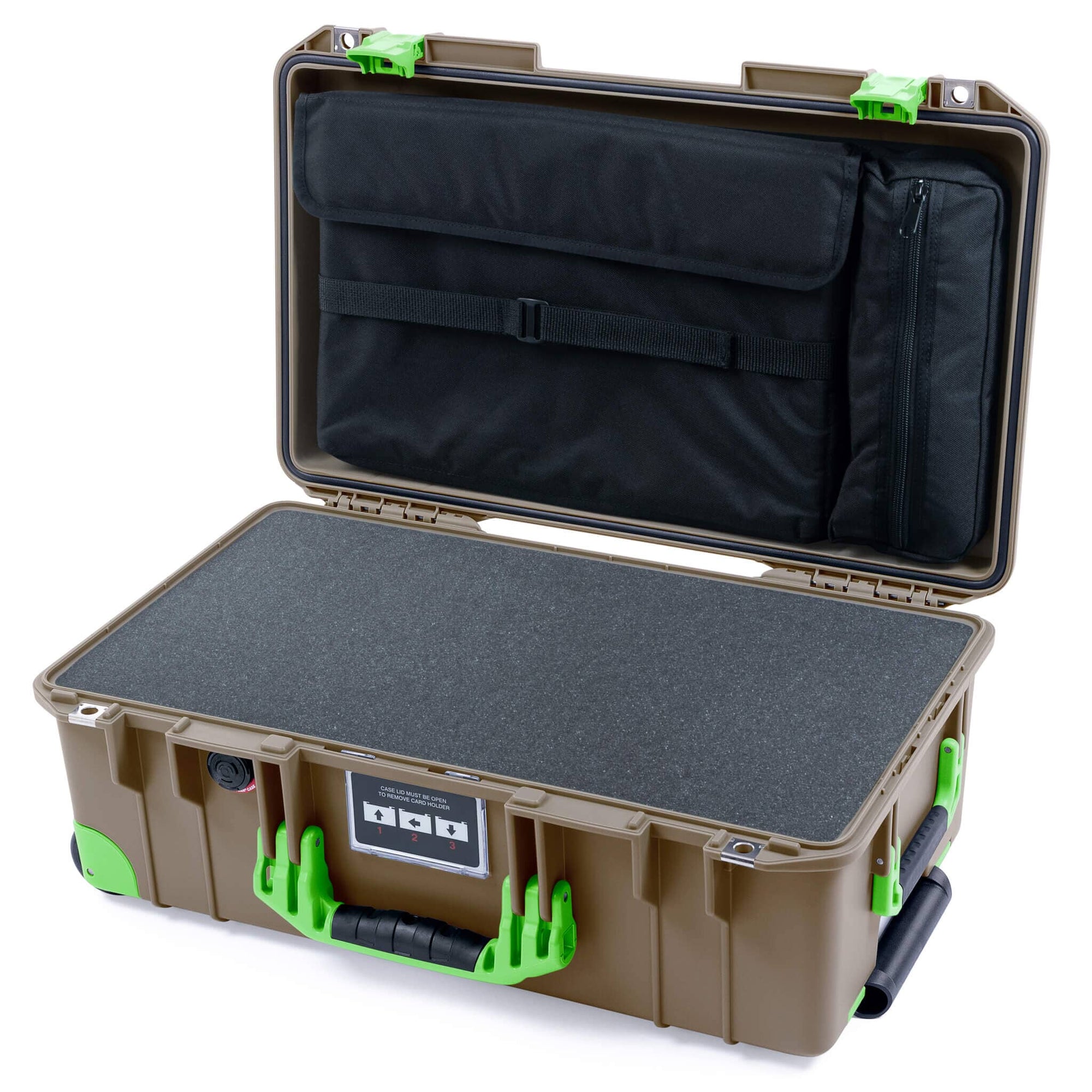 Pelican 1535 Air Case, Dark Desert Dirt with Lime Green Handles, Latches & Trolley Pick & Pluck Foam with Computer Pouch ColorCase 015350-0201-580-301-300