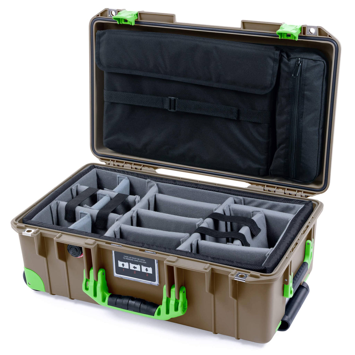 Pelican 1535 Air Case, Dark Desert Dirt with Lime Green Handles, Latches &amp; Trolley Gray Padded Microfiber Dividers with Computer Pouch ColorCase 015350-0270-580-301-300