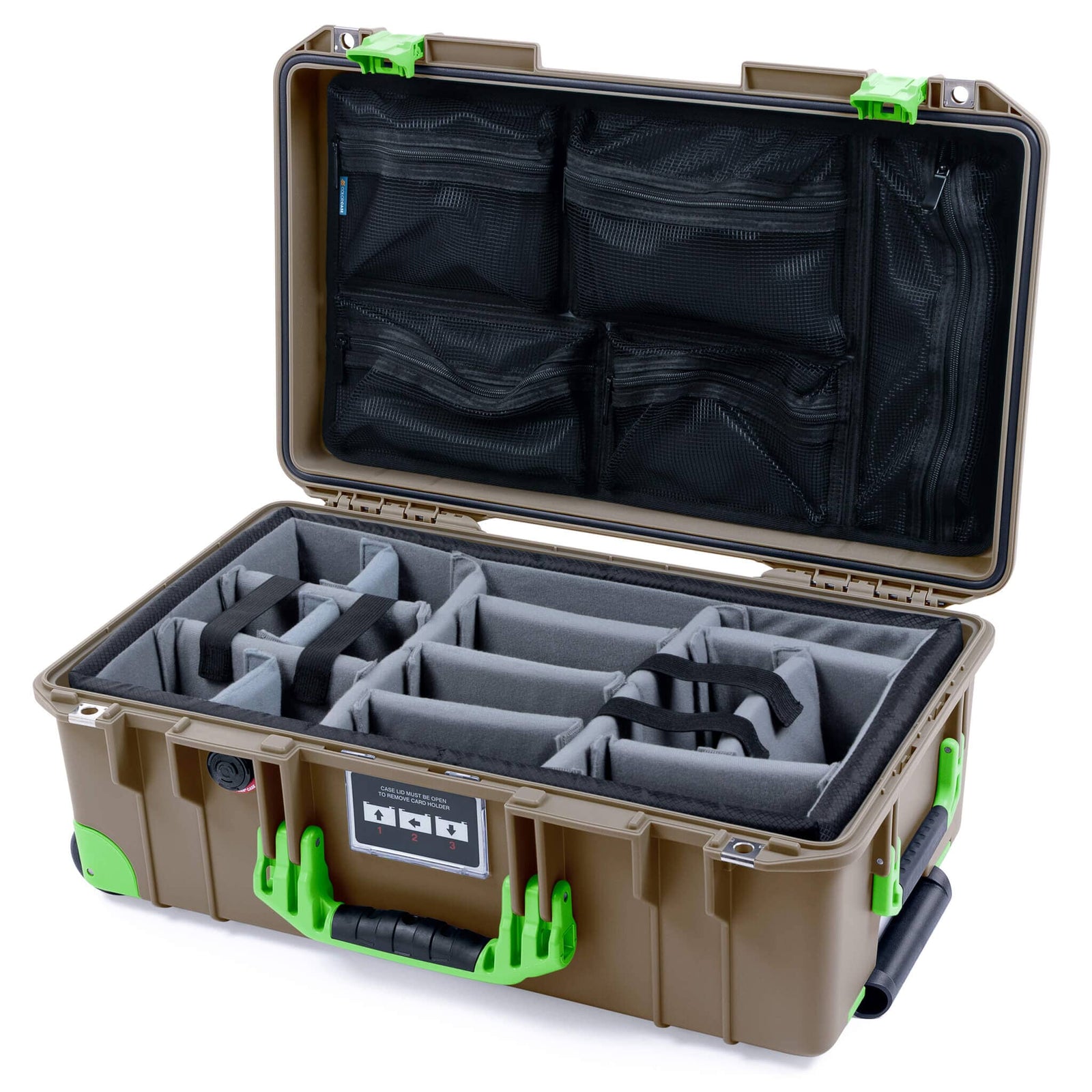 Pelican 1535 Air Case, Dark Desert Dirt with Lime Green Handles, Latches & Trolley Gray Padded Microfiber Dividers with Mesh Lid Organizer ColorCase 015350-0170-580-301-300