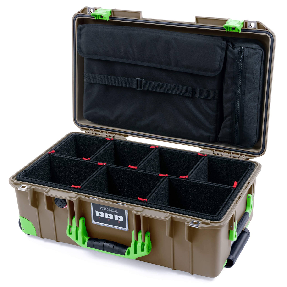 Pelican 1535 Air Case, Dark Desert Dirt with Lime Green Handles, Latches &amp; Trolley TrekPak Divider System with Computer Pouch ColorCase 015350-0220-580-301-300