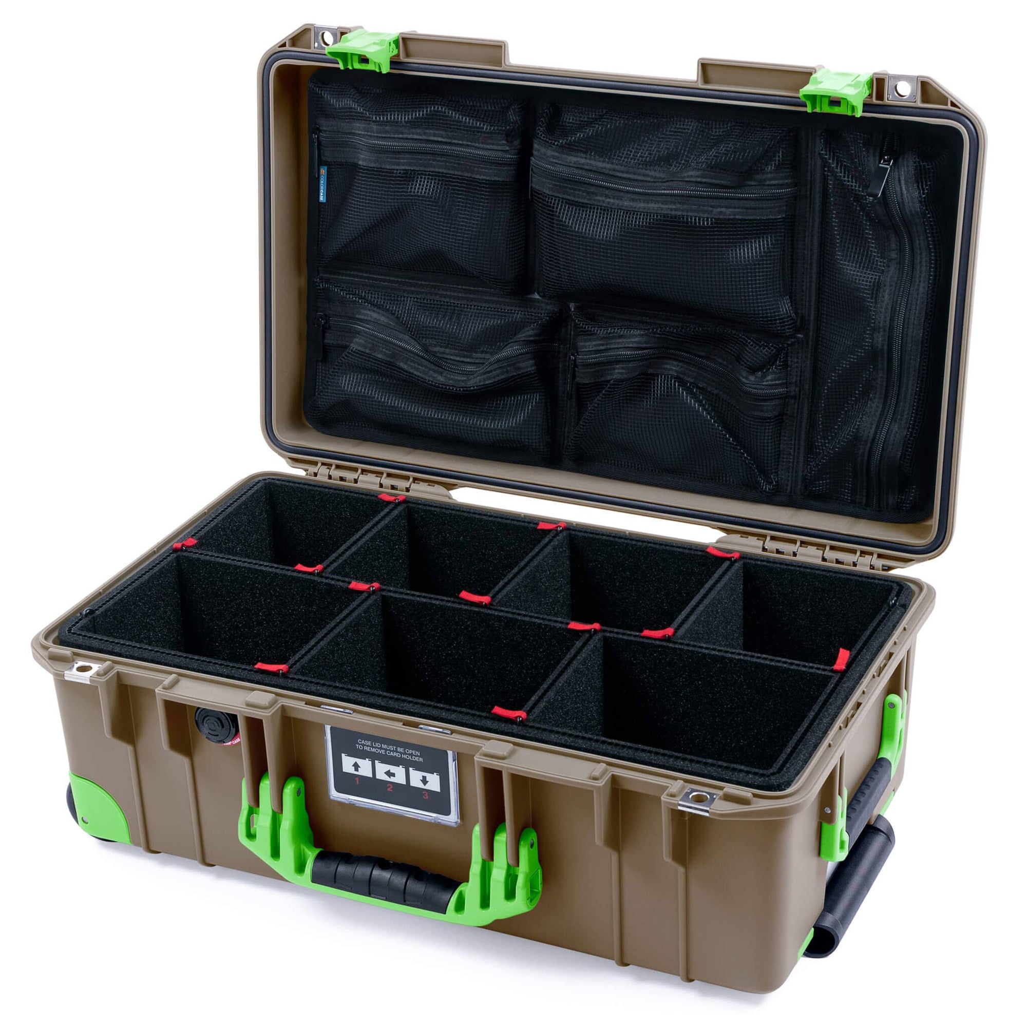 Pelican 1535 Air Case, Dark Desert Dirt with Lime Green Handles, Latches & Trolley TrekPak Divider System with Mesh Lid Organizer ColorCase 015350-0120-580-301-300