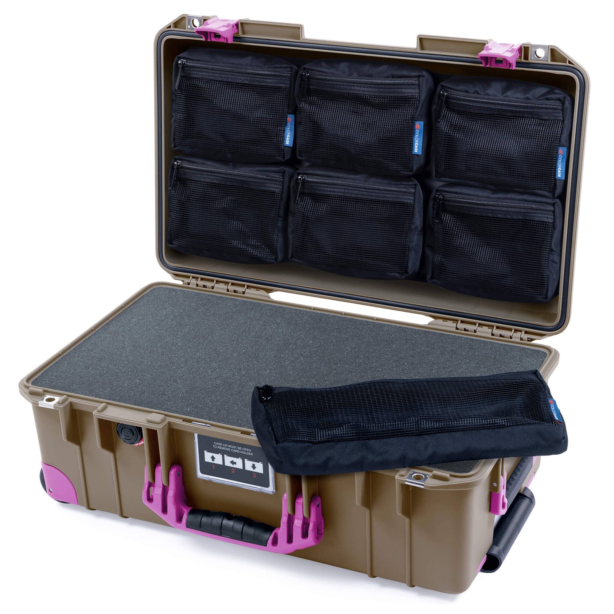 Pelican 1535 Air Case, Dark Desert Dirt with Magenta Handles, Latches & Trolley Pick & Pluck Foam with 7-Piece Removable Mesh Pouches ColorCase 015350-0701-580-401-400