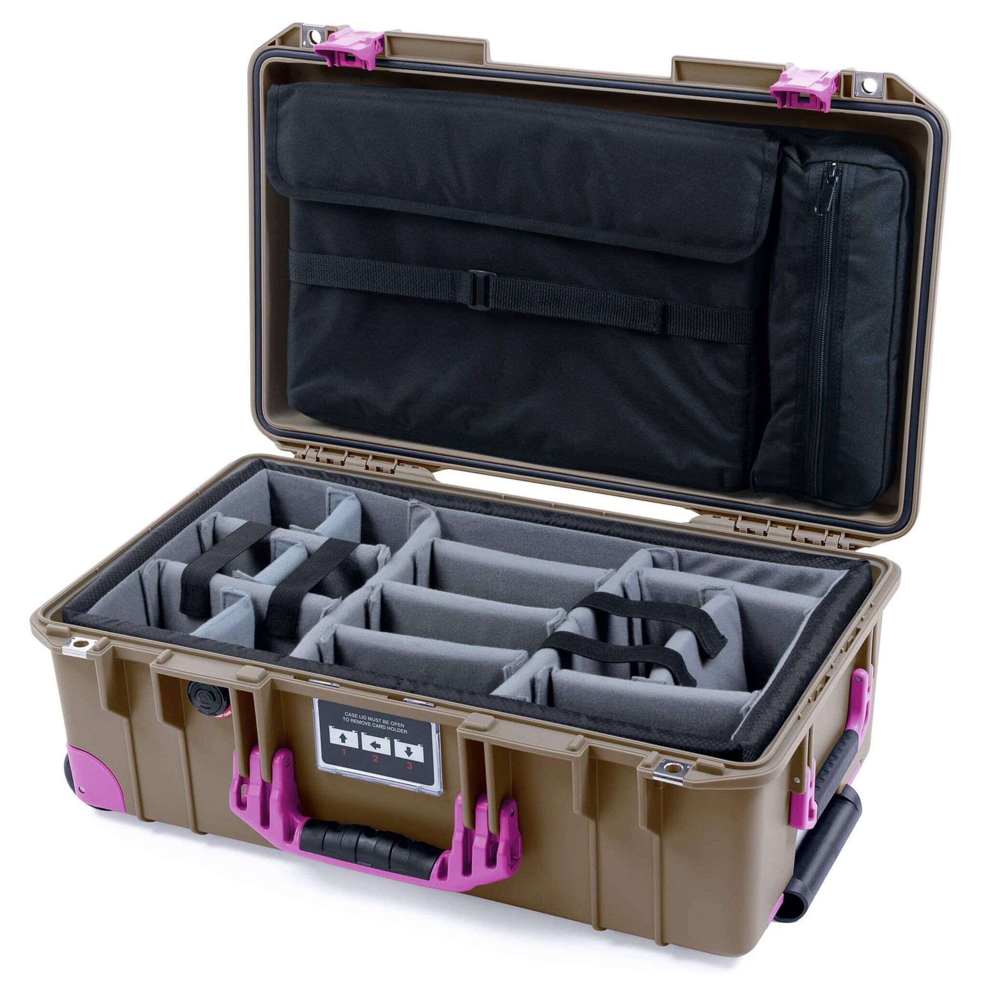 Pelican 1535 Air Case, Dark Desert Dirt with Magenta Handles, Latches & Trolley Gray Padded Microfiber Dividers with Computer Pouch ColorCase 015350-0270-580-401-400