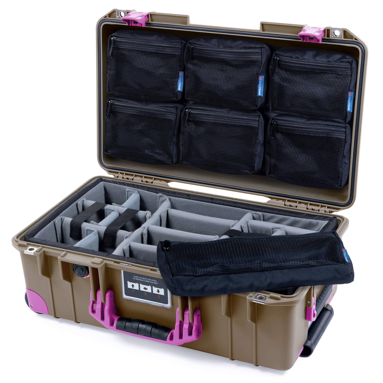 Pelican 1535 Air Case, Dark Desert Dirt with Magenta Handles, Latches & Trolley Gray Padded Microfiber Dividers with 7-Piece Removable Mesh Pouches ColorCase 015350-0770-580-401-400
