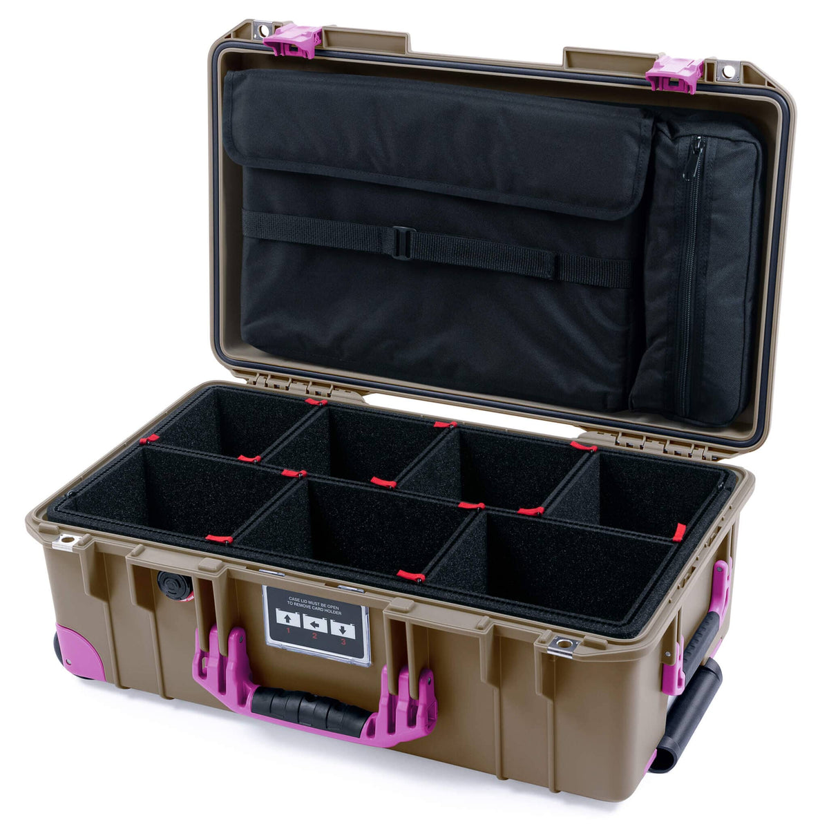 Pelican 1535 Air Case, Dark Desert Dirt with Magenta Handles, Latches &amp; Trolley TrekPak Divider System with Computer Pouch ColorCase 015350-0220-580-401-400