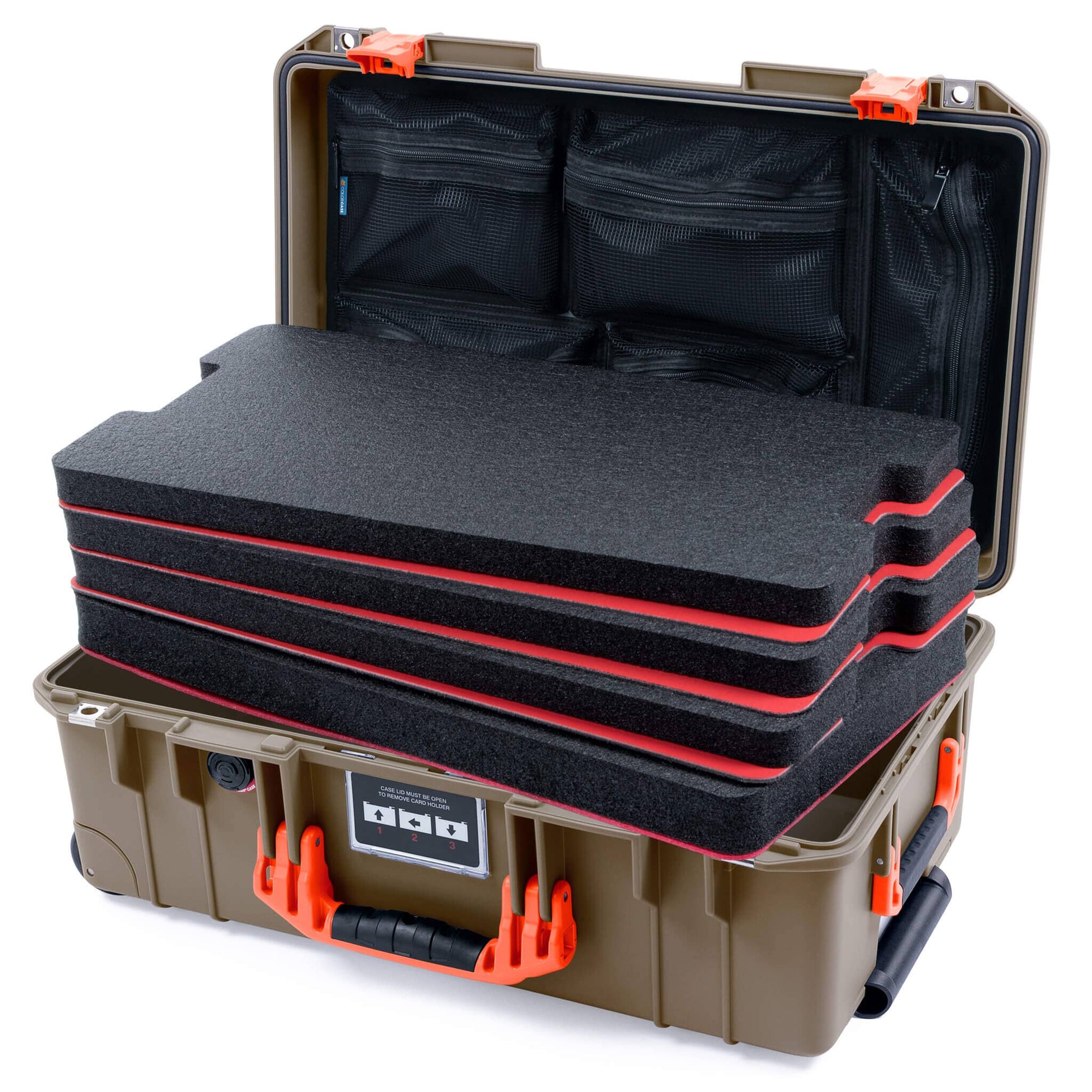 Pelican 1535 Air Case, Dark Desert Dirt with Orange Handles & Latches Custom Tool Kit (4 Foam Inserts with Mesh Lid Organizer) ColorCase 015350-0160-580-151
