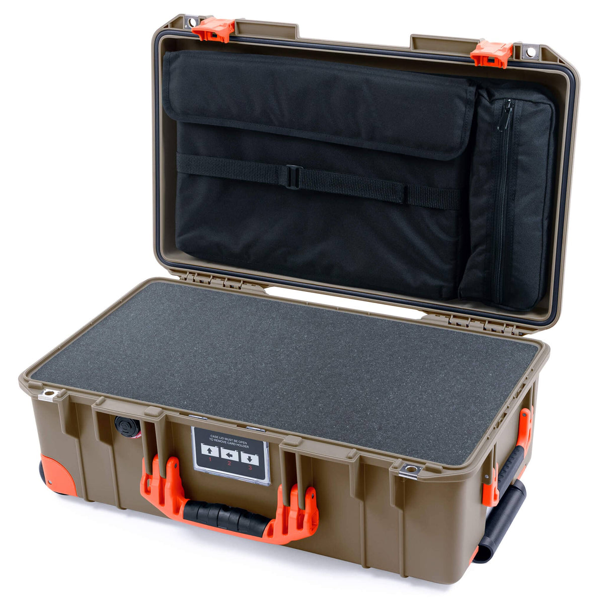 Pelican 1535 Air Case, Dark Desert Dirt with Orange Handles, Latches &amp; Trolley Pick &amp; Pluck Foam with Computer Pouch ColorCase 015350-0201-580-151-150