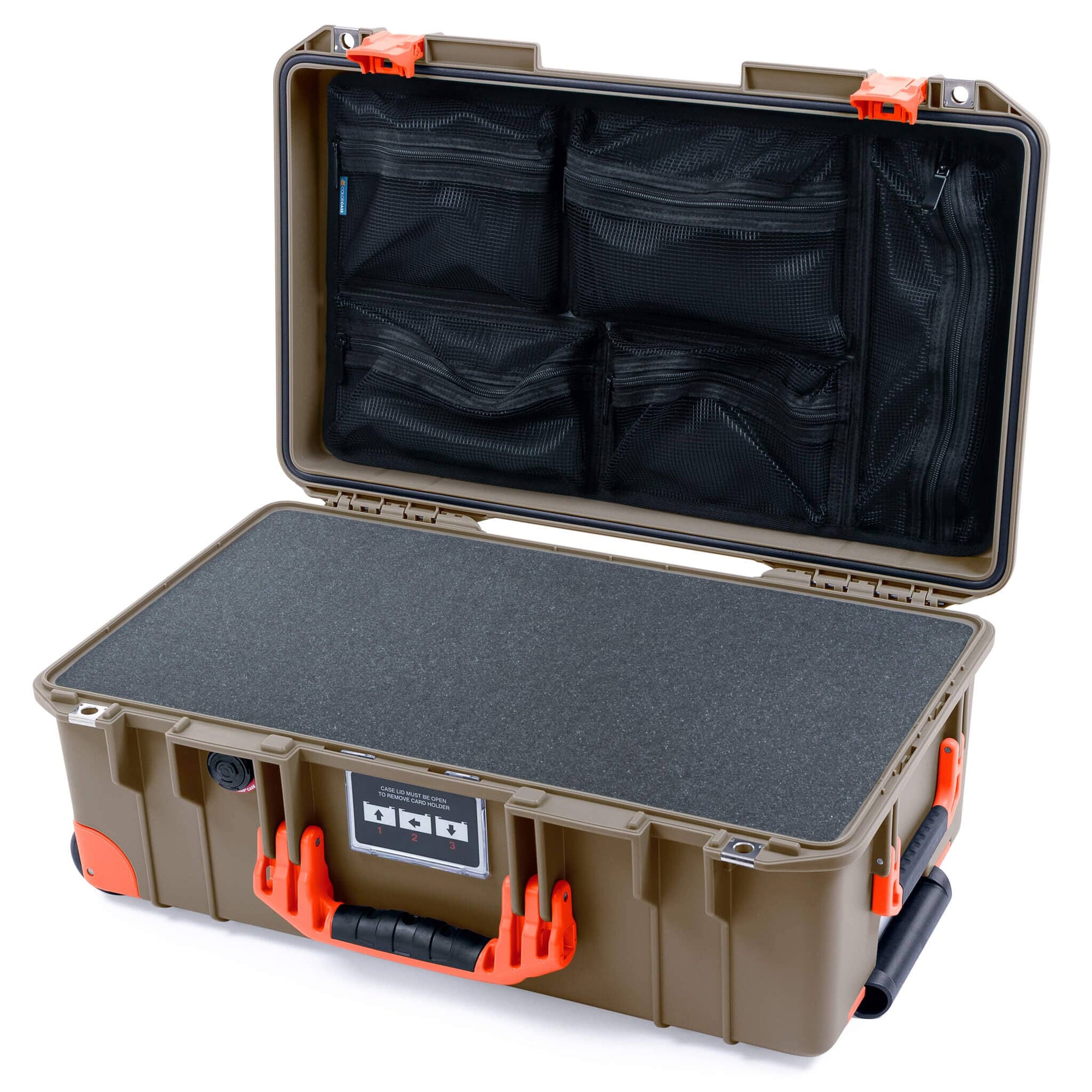 Pelican 1535 Air Case, Dark Desert Dirt with Orange Handles, Latches & Trolley Pick & Pluck Foam with Mesh Lid Organizer ColorCase 015350-0101-580-151-150
