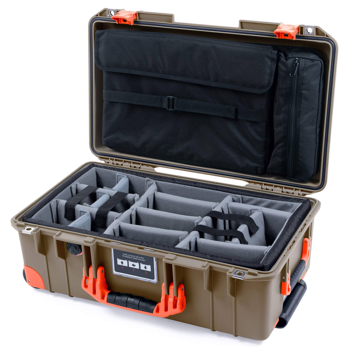 Pelican 1535 Air Case, Dark Desert Dirt with Orange Handles, Latches &amp; Trolley Gray Padded Microfiber Dividers with Computer Pouch ColorCase 015350-0270-580-151-150