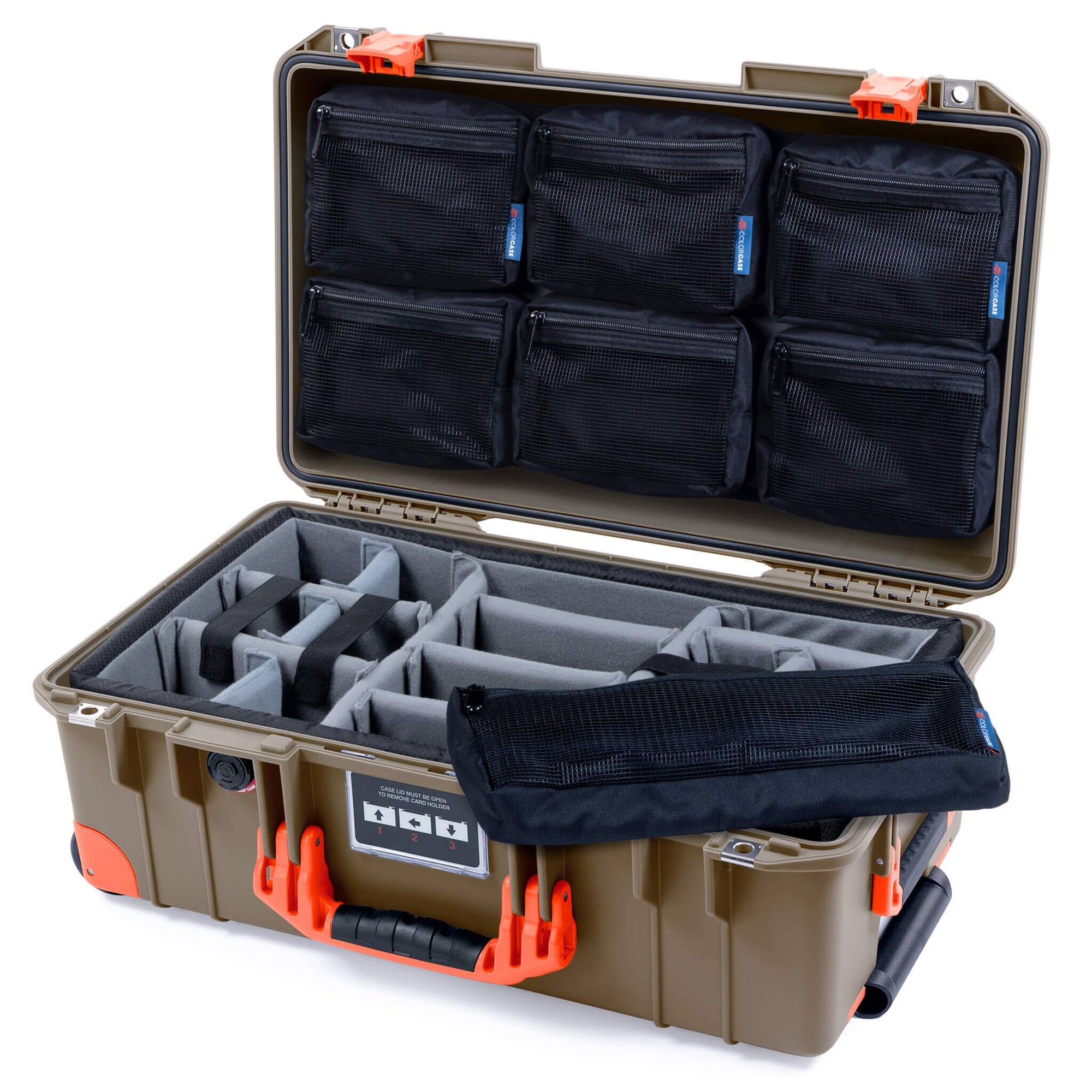 Pelican 1535 Air Case, Dark Desert Dirt with Orange Handles, Latches & Trolley Gray Padded Microfiber Dividers with 7-Piece Removable Mesh Pouches ColorCase 015350-0770-580-151-150
