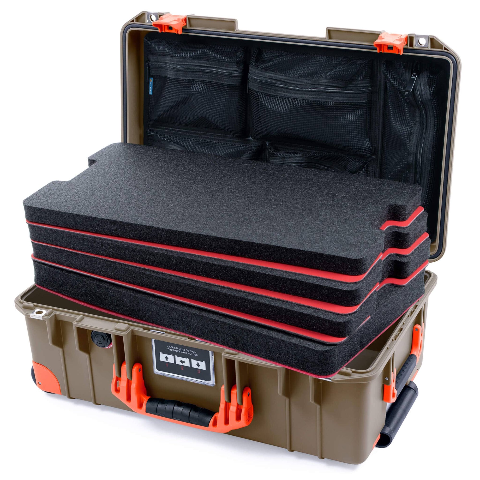 Pelican 1535 Air Case, Dark Desert Dirt with Orange Handles, Latches & Trolley Custom Tool Kit (4 Foam Inserts with Mesh Lid Organizer) ColorCase 015350-0160-580-151-150