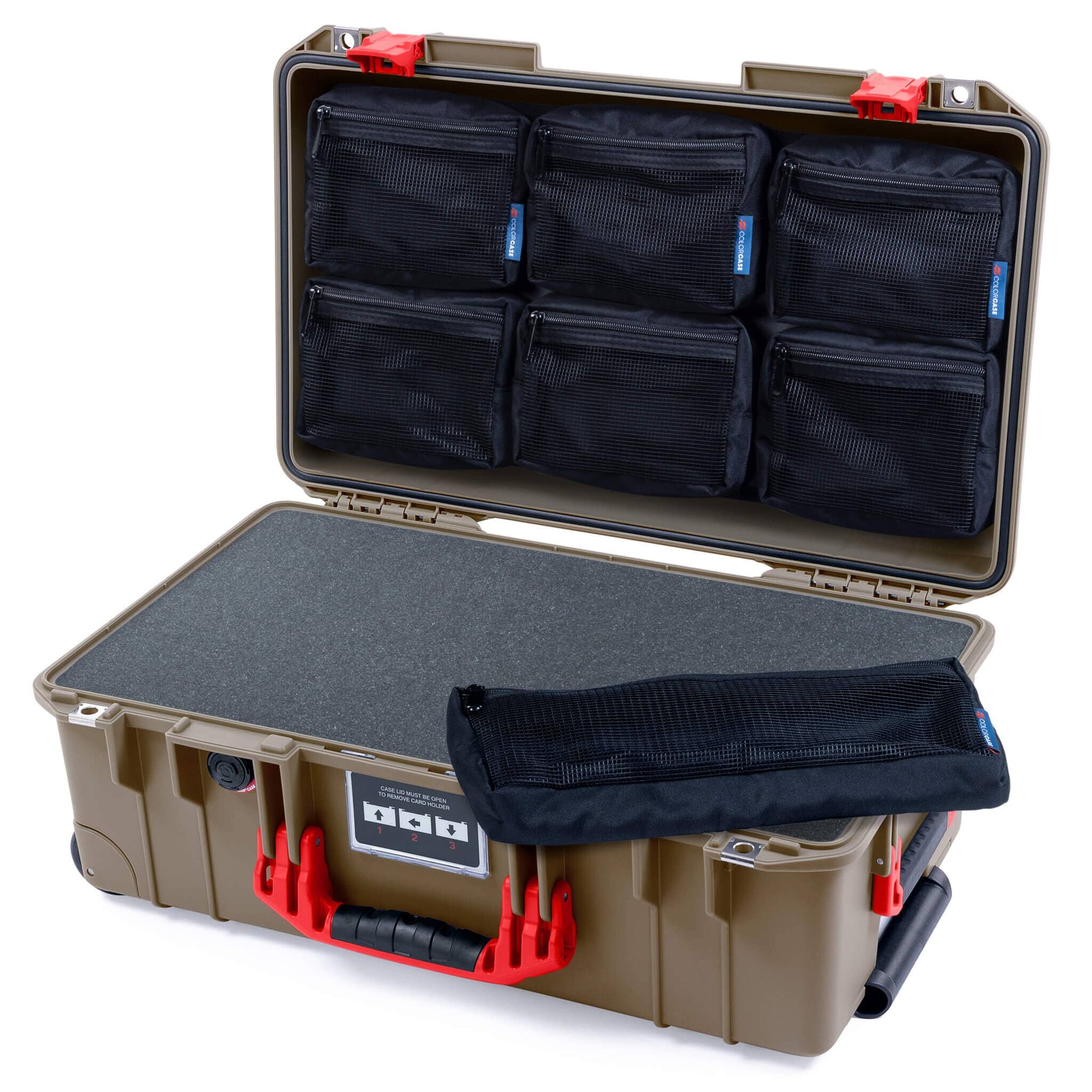 Pelican 1535 Air Case, Dark Desert Dirt with Red Handles & Latches Pick & Pluck Foam with 7-Piece Removable Mesh Pouches ColorCase 015350-0701-580-321
