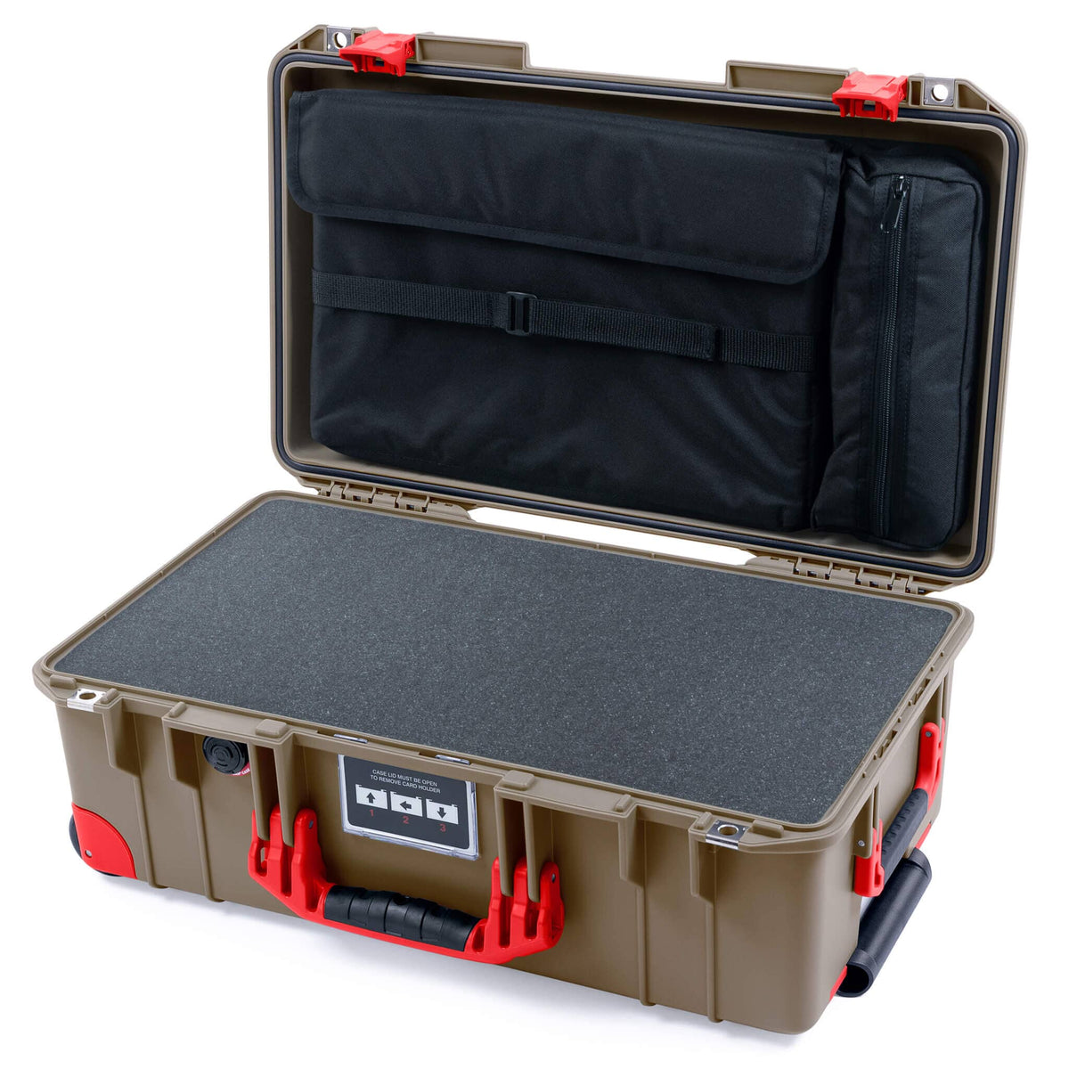 Pelican 1535 Air Case, Dark Desert Dirt with Red Handles, Latches &amp; Trolley Pick &amp; Pluck Foam with Computer Pouch ColorCase 015350-0201-580-321-320