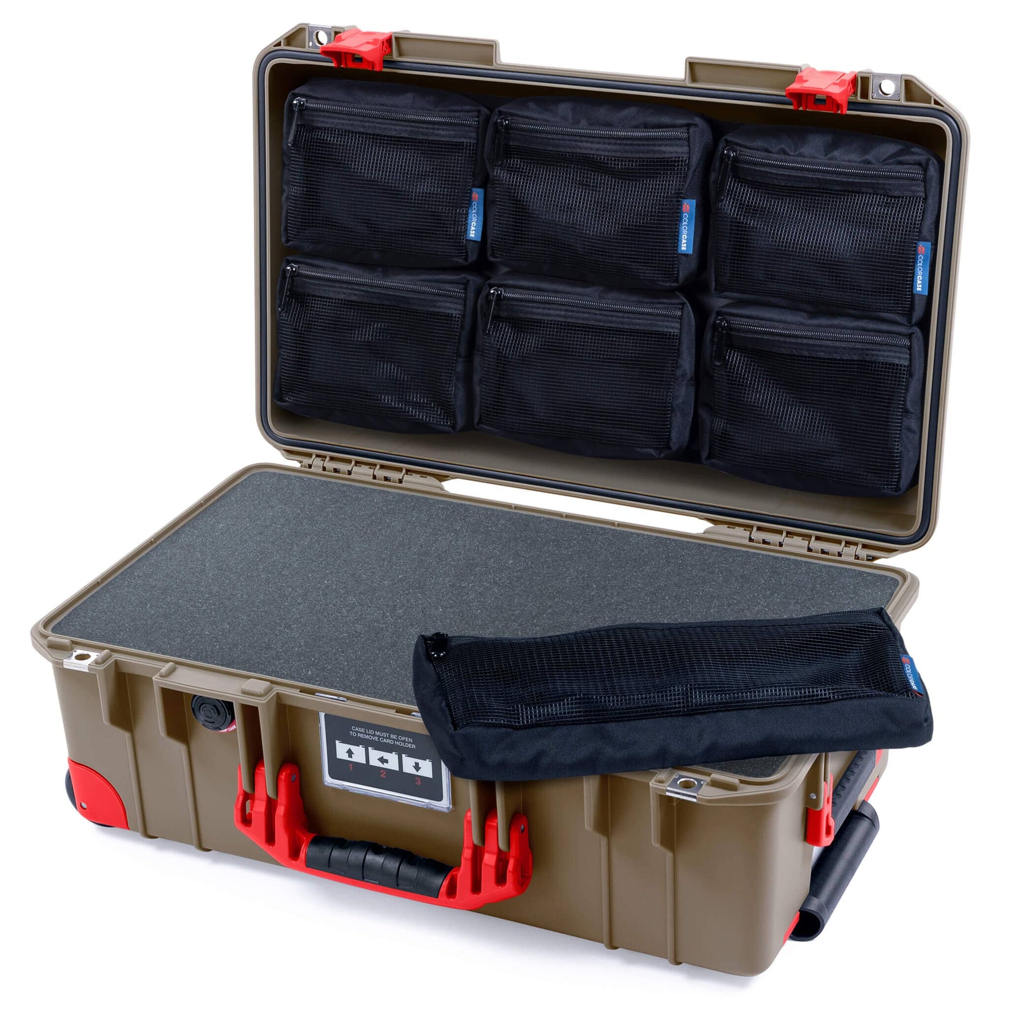 Pelican 1535 Air Case, Dark Desert Dirt with Red Handles, Latches & Trolley Pick & Pluck Foam with 7-Piece Removable Mesh Pouches ColorCase 015350-0701-580-321-320