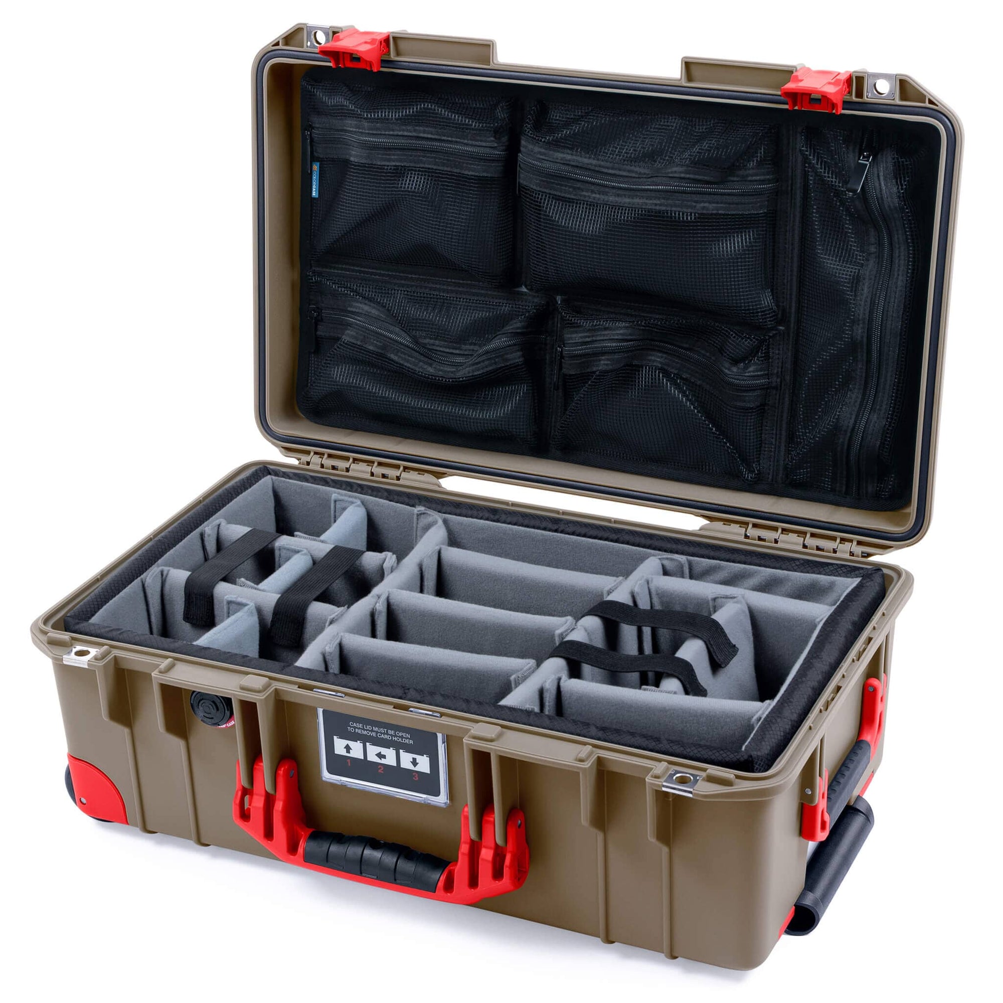 Pelican 1535 Air Case, Dark Desert Dirt with Red Handles, Latches & Trolley Gray Padded Microfiber Dividers with Mesh Lid Organizer ColorCase 015350-0170-580-321-320