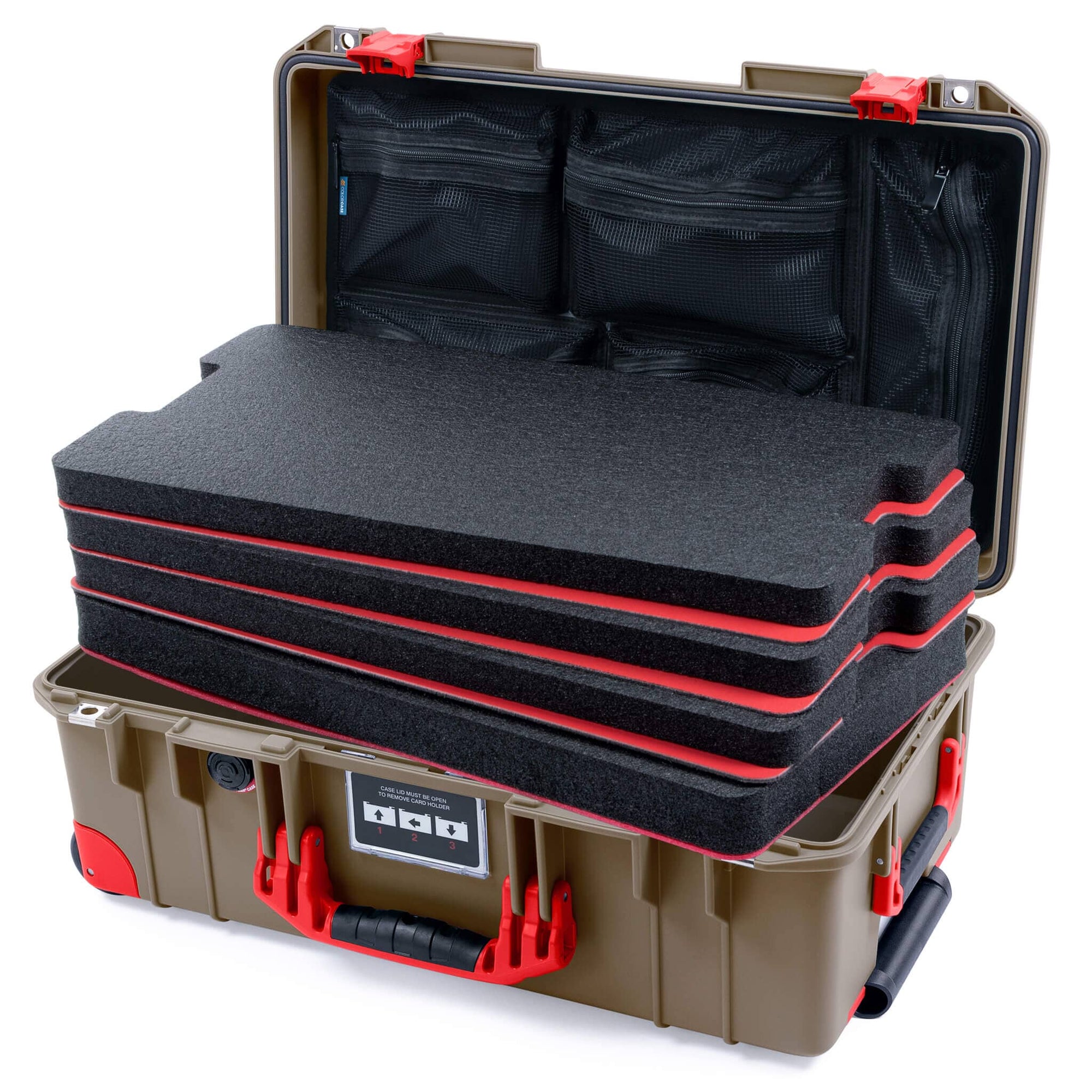 Pelican 1535 Air Case, Dark Desert Dirt with Red Handles, Latches & Trolley Custom Tool Kit (4 Foam Inserts with Mesh Lid Organizer) ColorCase 015350-0160-580-321-320