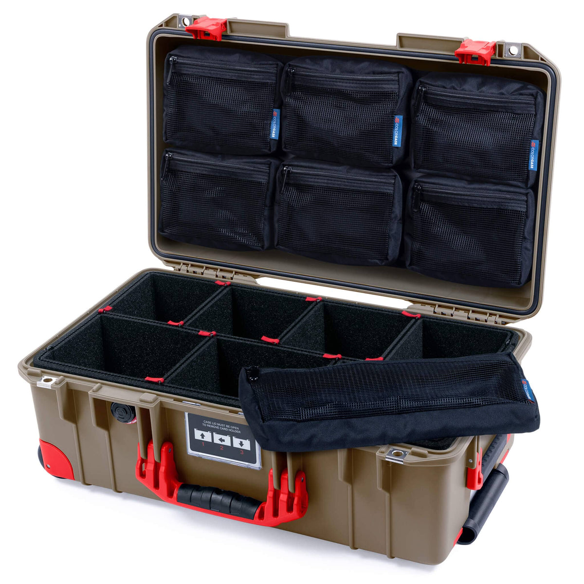 Pelican 1535 Air Case, Dark Desert Dirt with Red Handles, Latches &amp; Trolley TrekPak Divider System with 7-Piece Removable Mesh Pouches ColorCase 015350-0720-580-321-320