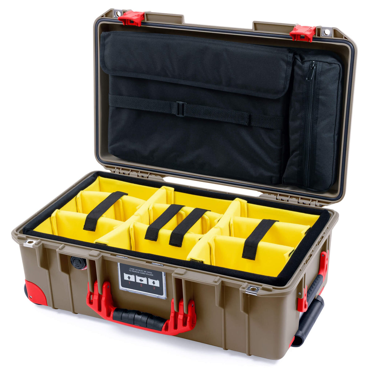 Pelican 1535 Air Case, Dark Desert Dirt with Red Handles, Latches &amp; Trolley Yellow Padded Microfiber Dividers with Computer Pouch ColorCase 015350-0210-580-321-320