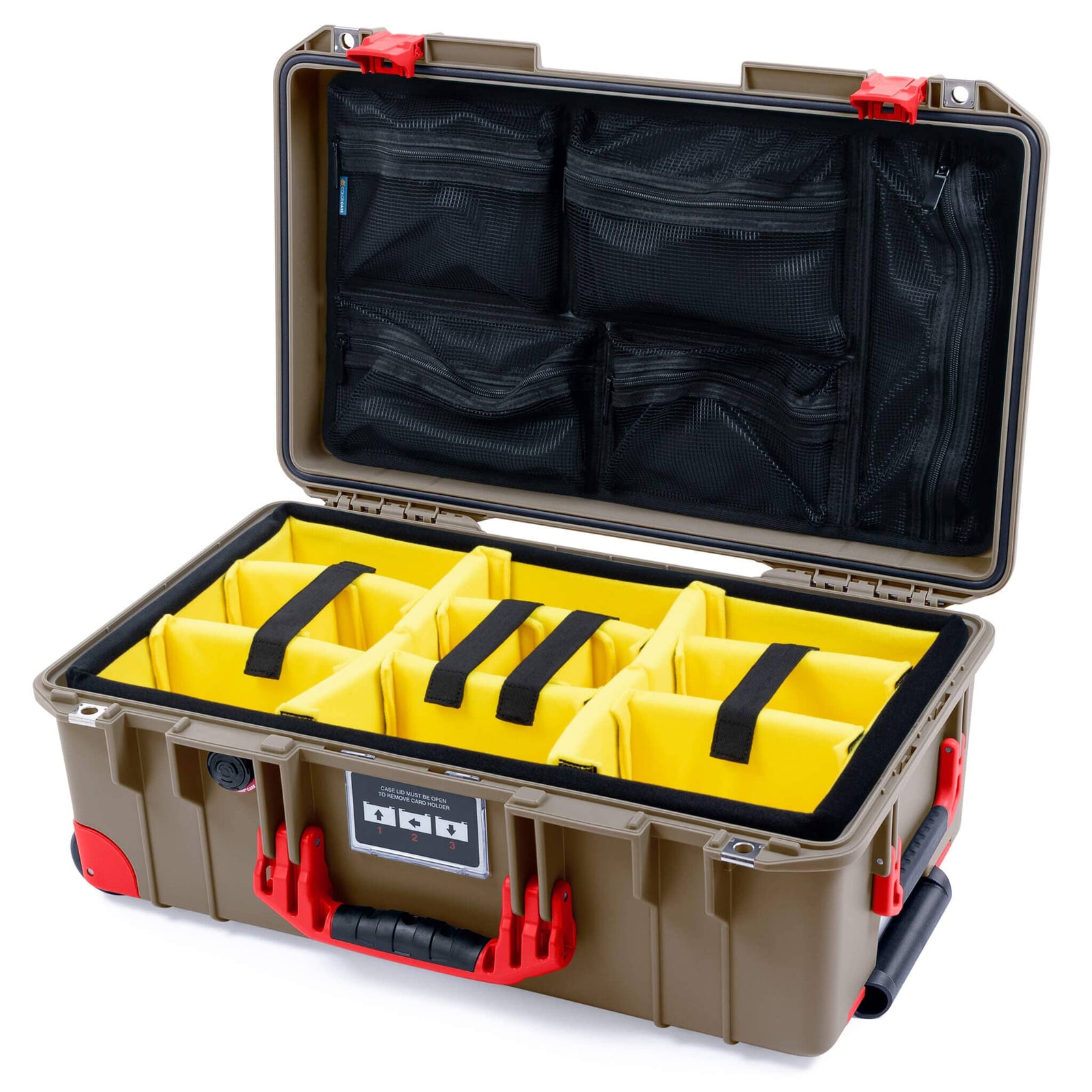 Pelican 1535 Air Case, Dark Desert Dirt with Red Handles, Latches & Trolley Yellow Padded Microfiber Dividers with Mesh Lid Organizer ColorCase 015350-0110-580-321-320