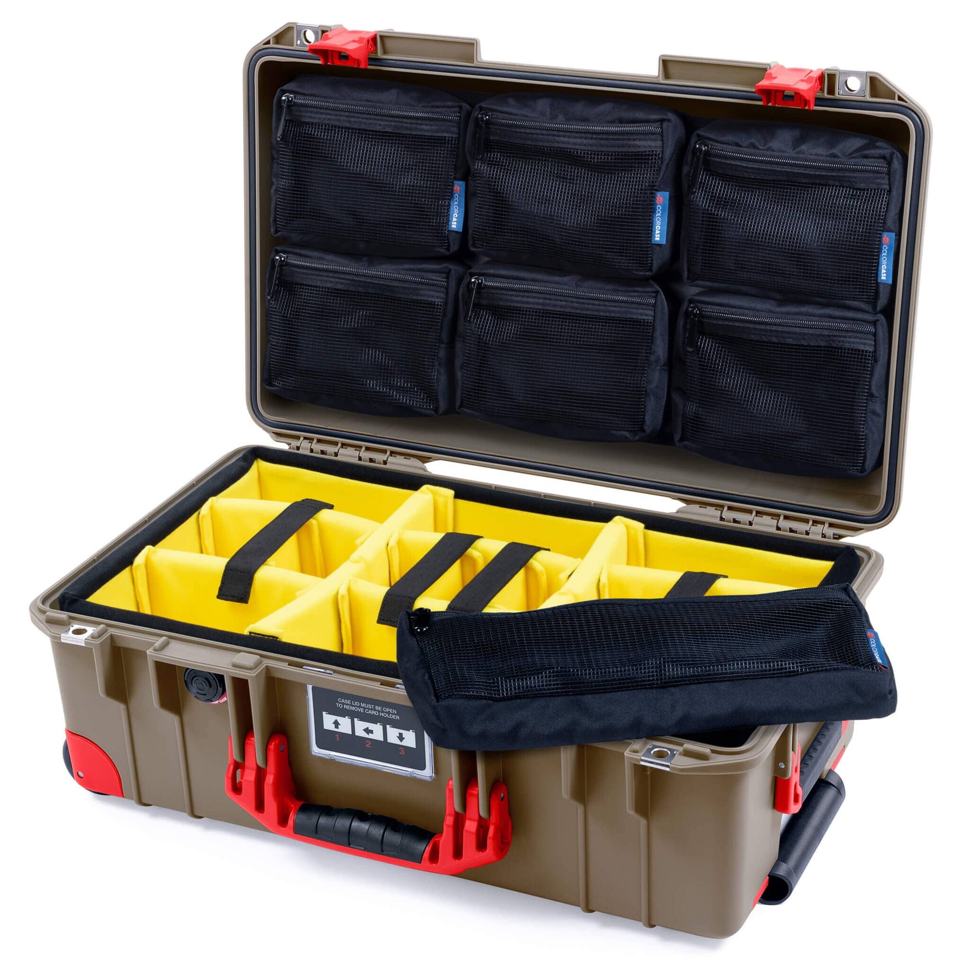 Pelican 1535 Air Case, Dark Desert Dirt with Red Handles, Latches & Trolley Yellow Padded Microfiber Dividers with 7-Piece Removable Mesh Pouches ColorCase 015350-0710-580-321-320