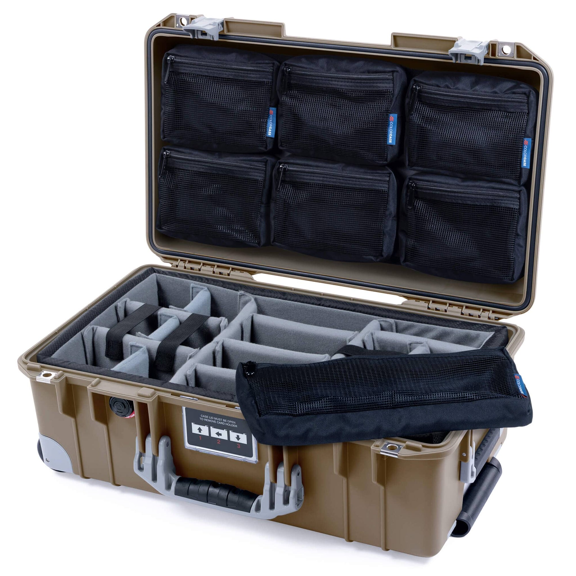 Pelican 1535 Air Case, Dark Desert Dirt with Silver Handles, Latches & Trolley Gray Padded Microfiber Dividers with 7-Piece Removable Mesh Pouches ColorCase 015350-0770-580-181-180