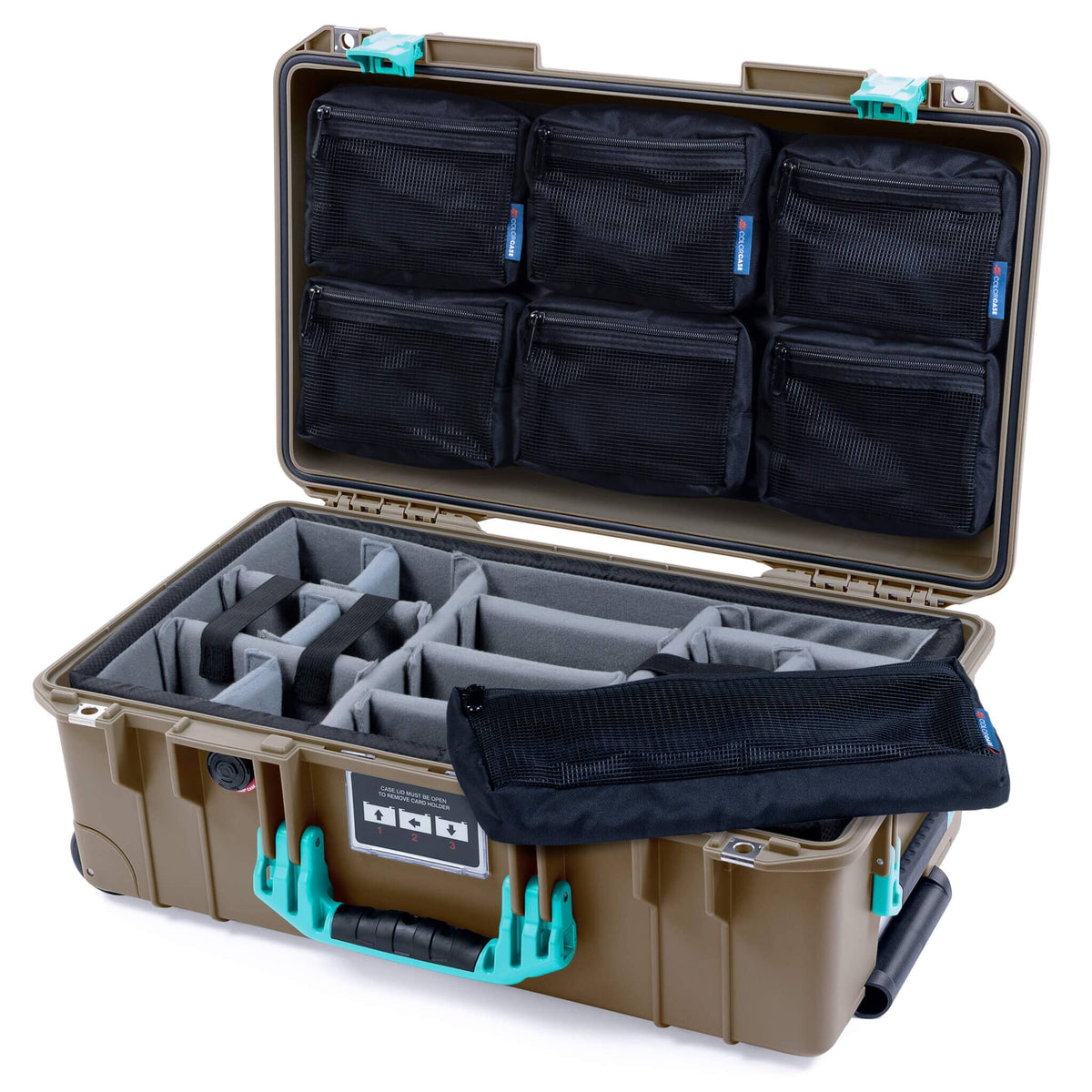 Pelican 1535 Air Case, Dark Desert Dirt with Teal Handles &amp; Latches Gray Padded Microfiber Dividers with 7-Piece Removable Mesh Pouches ColorCase 015350-0770-580-591