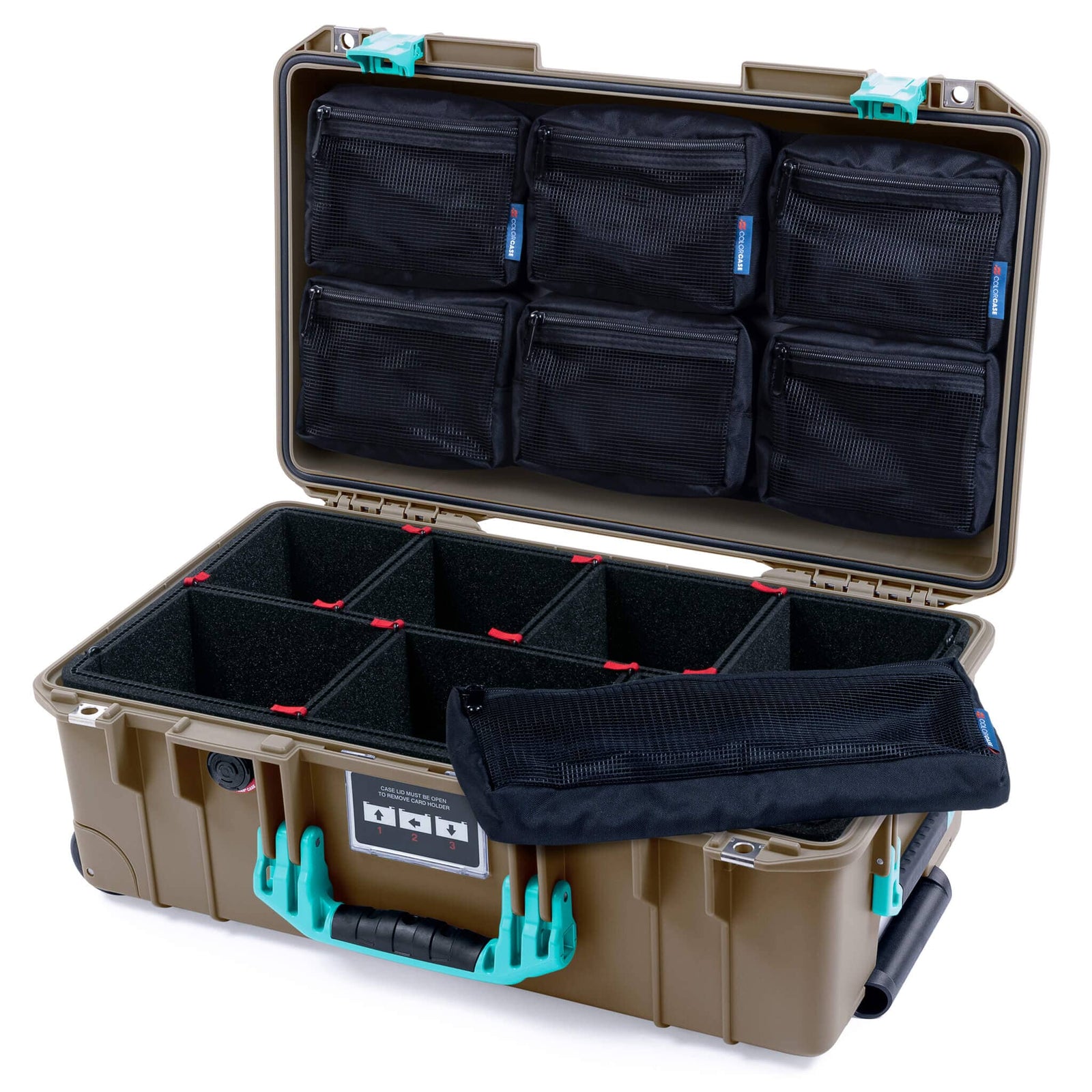 Pelican 1535 Air Case, Dark Desert Dirt with Teal Handles & Latches TrekPak Divider System with 7-Piece Removable Mesh Pouches ColorCase 015350-0720-580-591