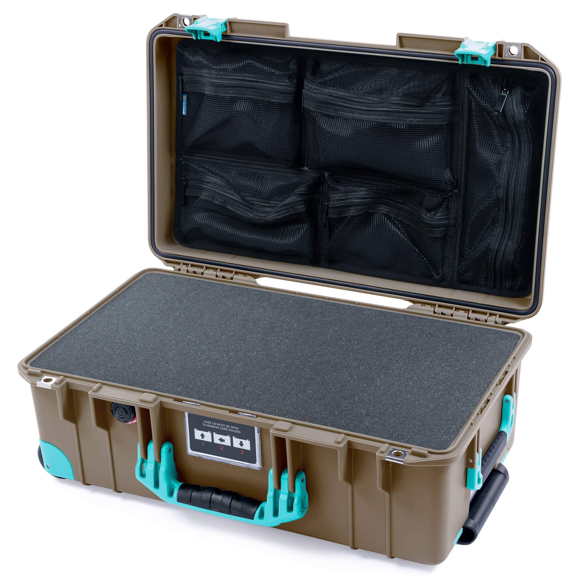Pelican 1535 Air Case, Dark Desert Dirt with Teal Handles, Latches & Trolley Pick & Pluck Foam with Mesh Lid Organizer ColorCase 015350-0101-580-591-590
