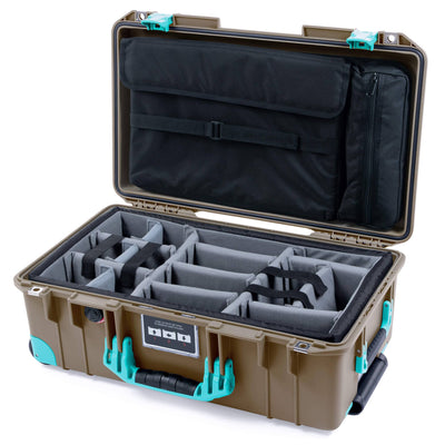 Pelican 1535 Air Case, Dark Desert Dirt with Teal Handles, Latches & Trolley Gray Padded Microfiber Dividers with Computer Pouch ColorCase 015350-0270-580-591-590