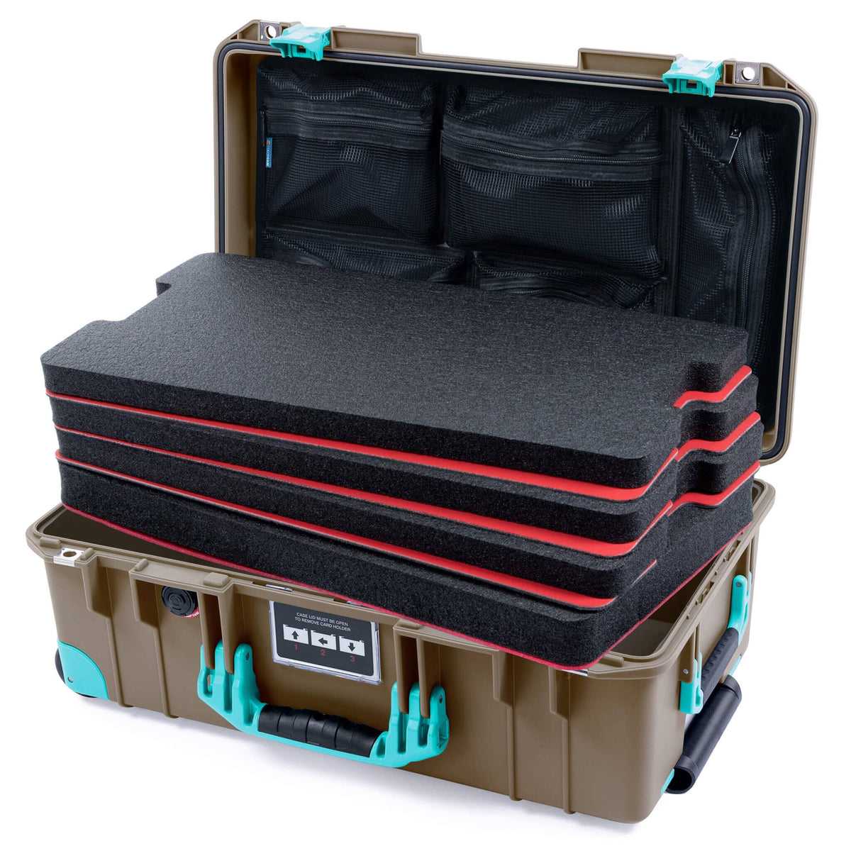 Pelican 1535 Air Case, Dark Desert Dirt with Teal Handles, Latches &amp; Trolley Custom Tool Kit (4 Foam Inserts with Mesh Lid Organizer) ColorCase 015350-0160-580-591-590