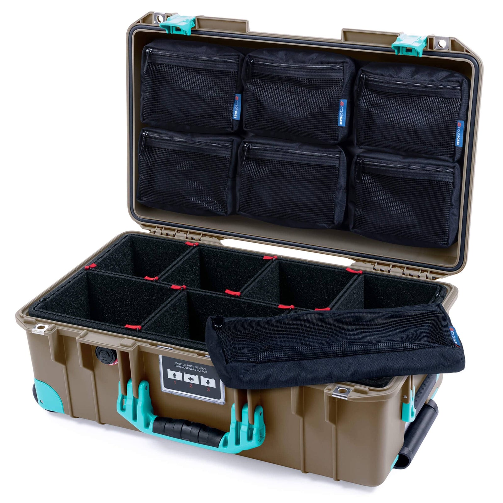 Pelican 1535 Air Case, Dark Desert Dirt with Teal Handles, Latches & Trolley TrekPak Divider System with 7-Piece Removable Mesh Pouches ColorCase 015350-0720-580-591-590