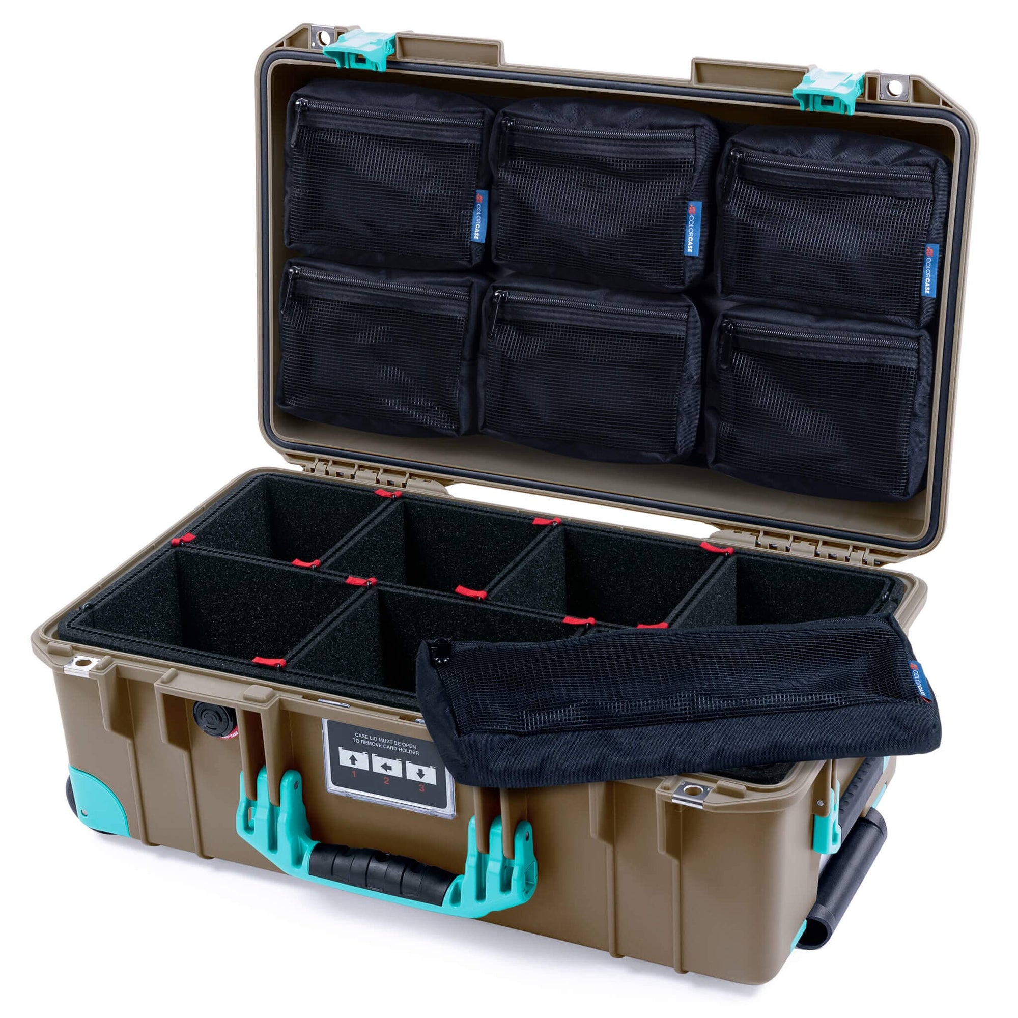 Pelican 1535 Air Case, Dark Desert Dirt with Teal Handles, Latches & Trolley TrekPak Divider System with 7-Piece Removable Mesh Pouches ColorCase 015350-0720-580-591-590