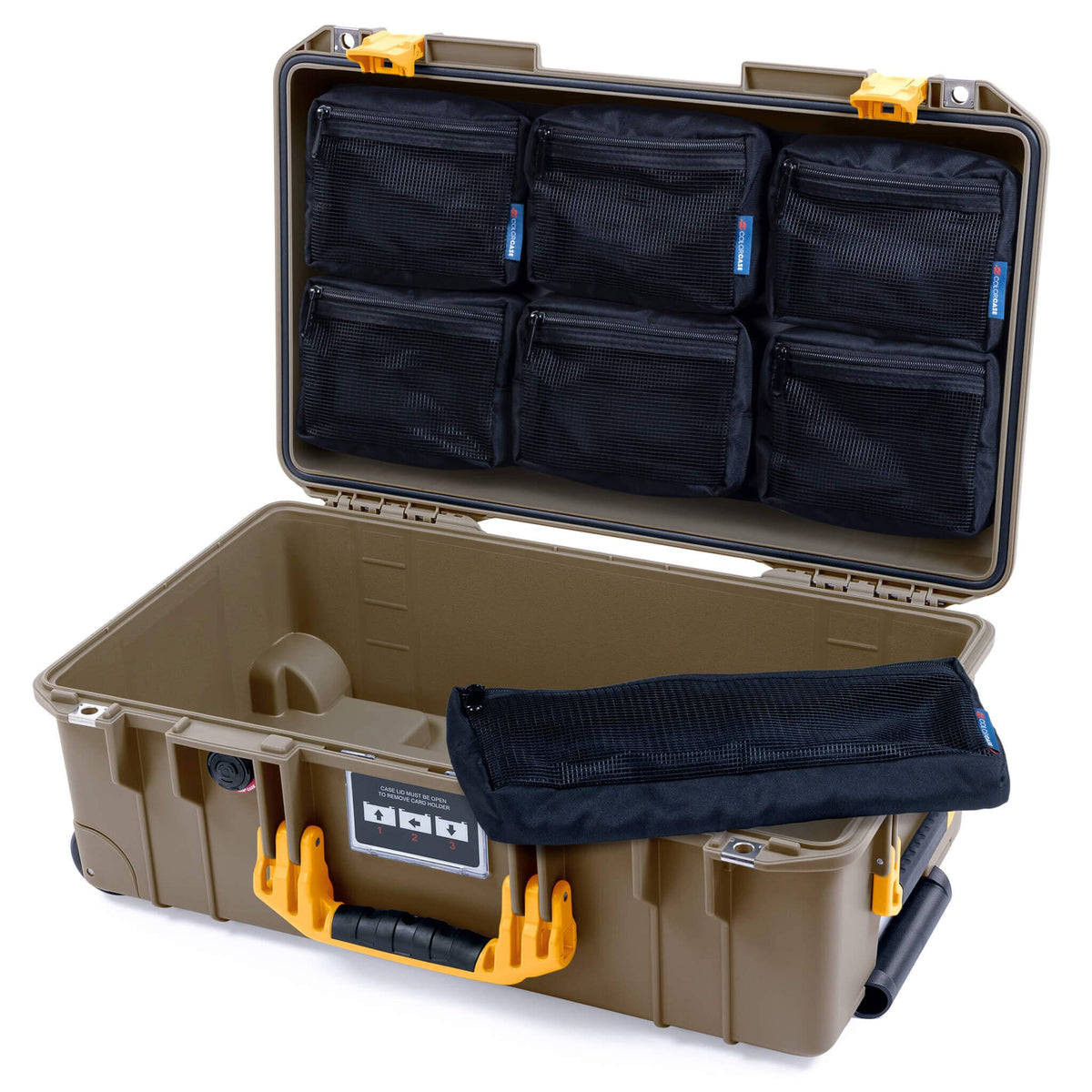 Pelican 1535 Air Case, Dark Desert Dirt with Yellow Handles &amp; Latches 7-Piece Removable Mesh Pouches Only ColorCase 015350-0700-580-241