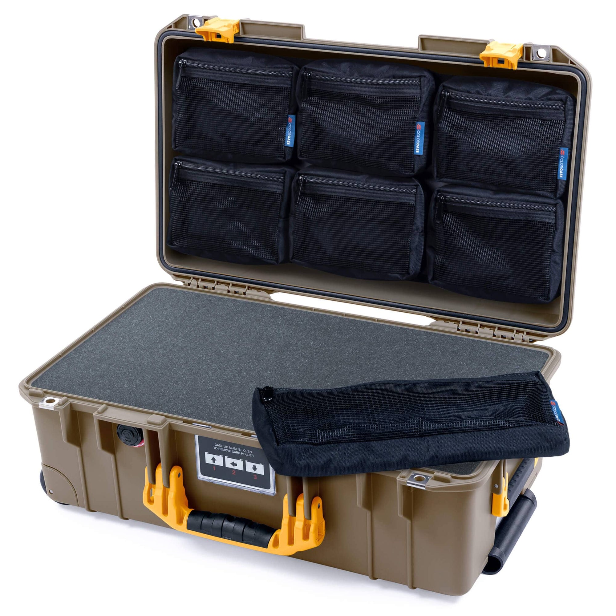Pelican 1535 Air Case, Dark Desert Dirt with Yellow Handles & Latches Pick & Pluck Foam with 7-Piece Removable Mesh Pouches ColorCase 015350-0701-580-241