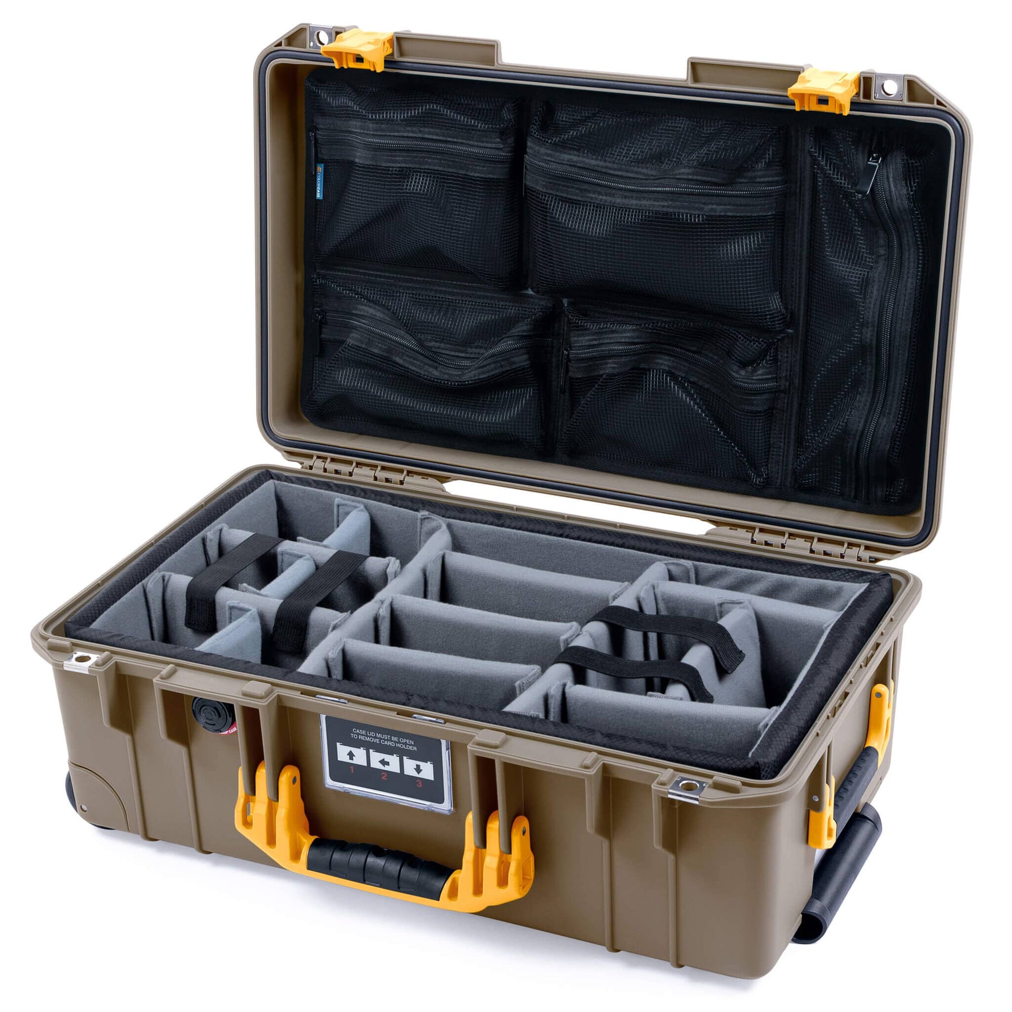 Pelican 1535 Air Case, Dark Desert Dirt with Yellow Handles & Latches Gray Padded Microfiber Dividers with Mesh Lid Organizer ColorCase 015350-0170-580-241