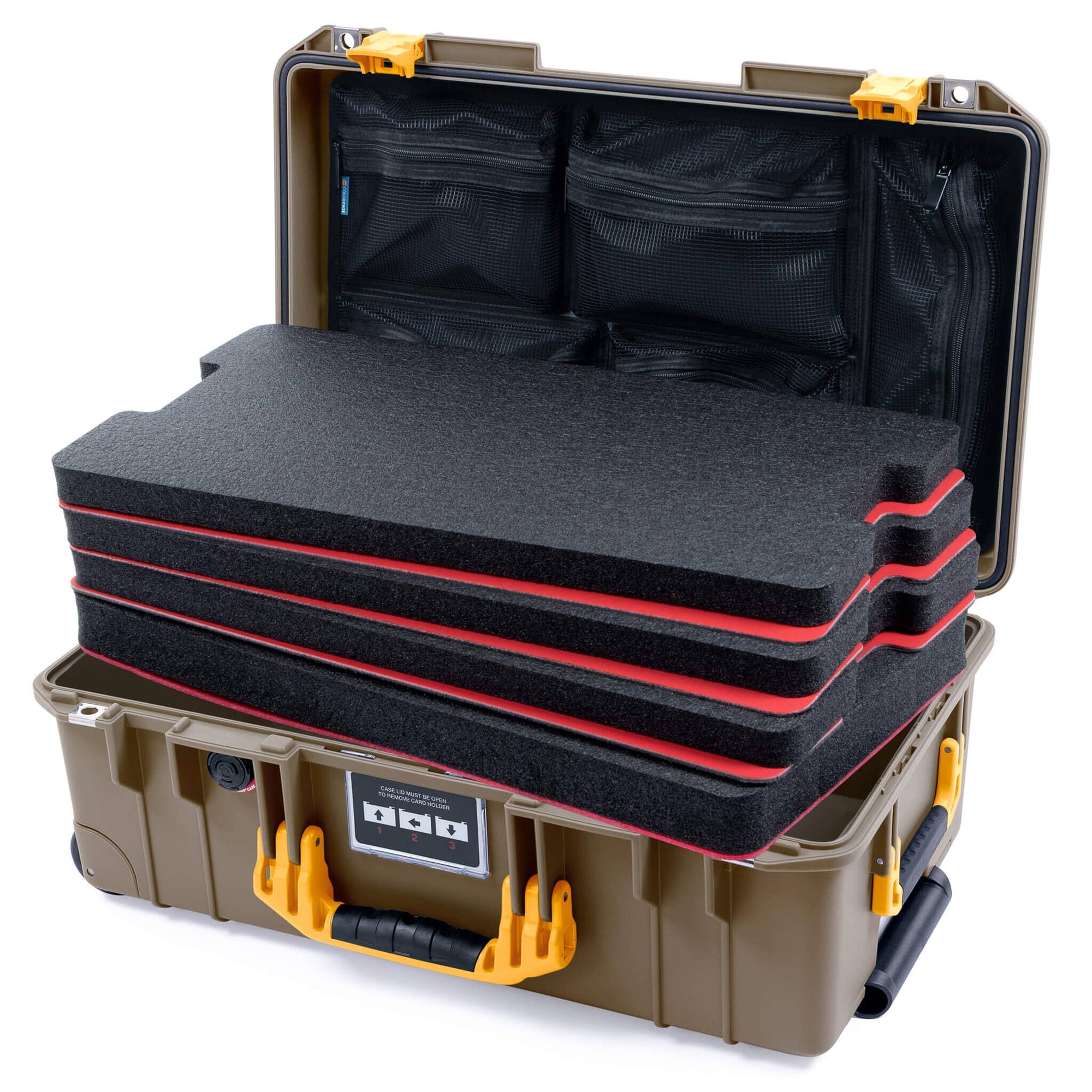 Pelican 1535 Air Case, Dark Desert Dirt with Yellow Handles & Latches Custom Tool Kit (4 Foam Inserts with Mesh Lid Organizer) ColorCase 015350-0160-580-241