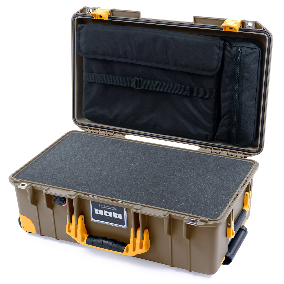 Pelican 1535 Air Case, Dark Desert Dirt with Yellow Handles, Latches &amp; Trolley Pick &amp; Pluck Foam with Computer Pouch ColorCase 015350-0201-580-241-240