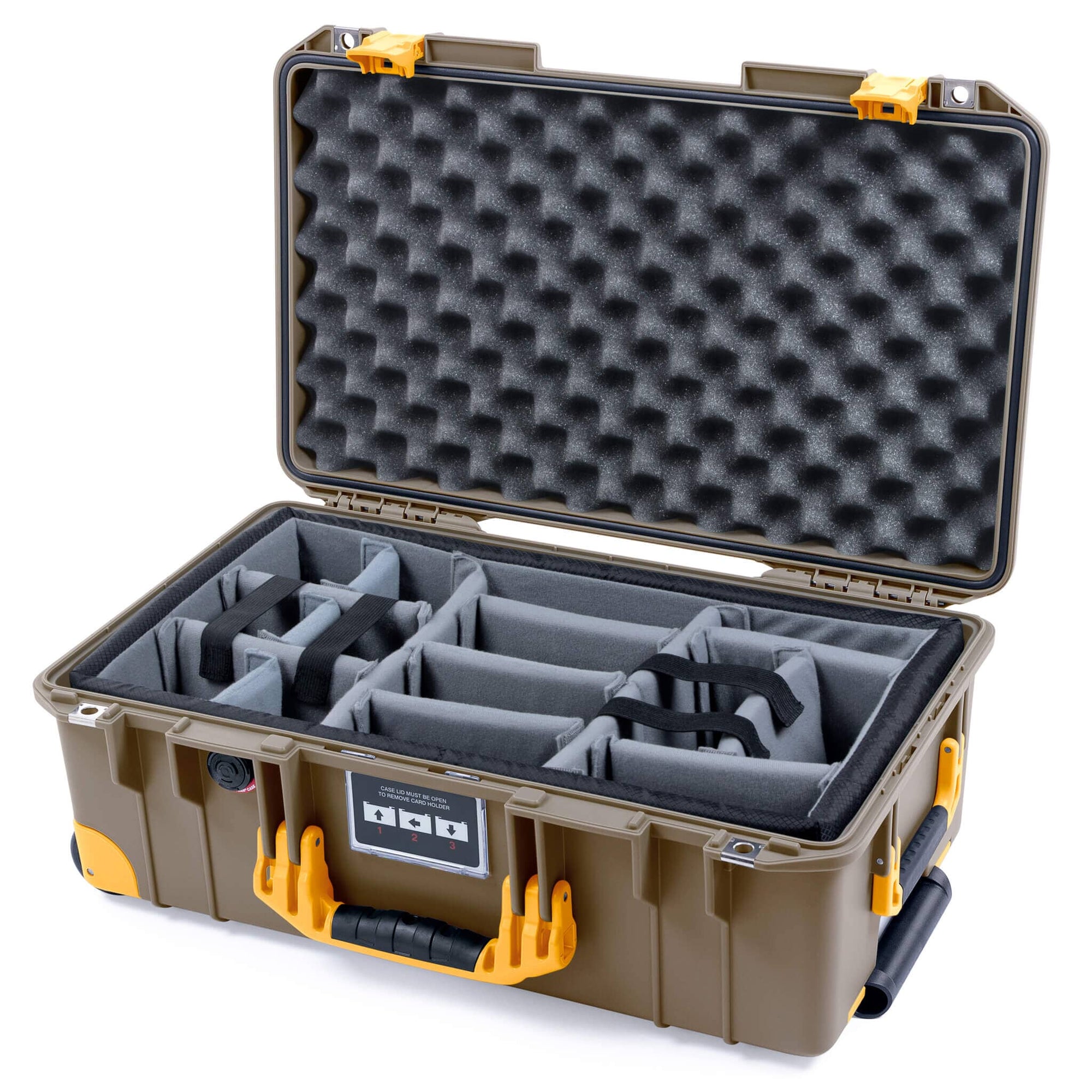 Pelican 1535 Air Case, Dark Desert Dirt with Yellow Handles, Latches & Trolley Gray Padded Microfiber Dividers with Convoluted Lid Foam ColorCase 015350-0070-580-241-240