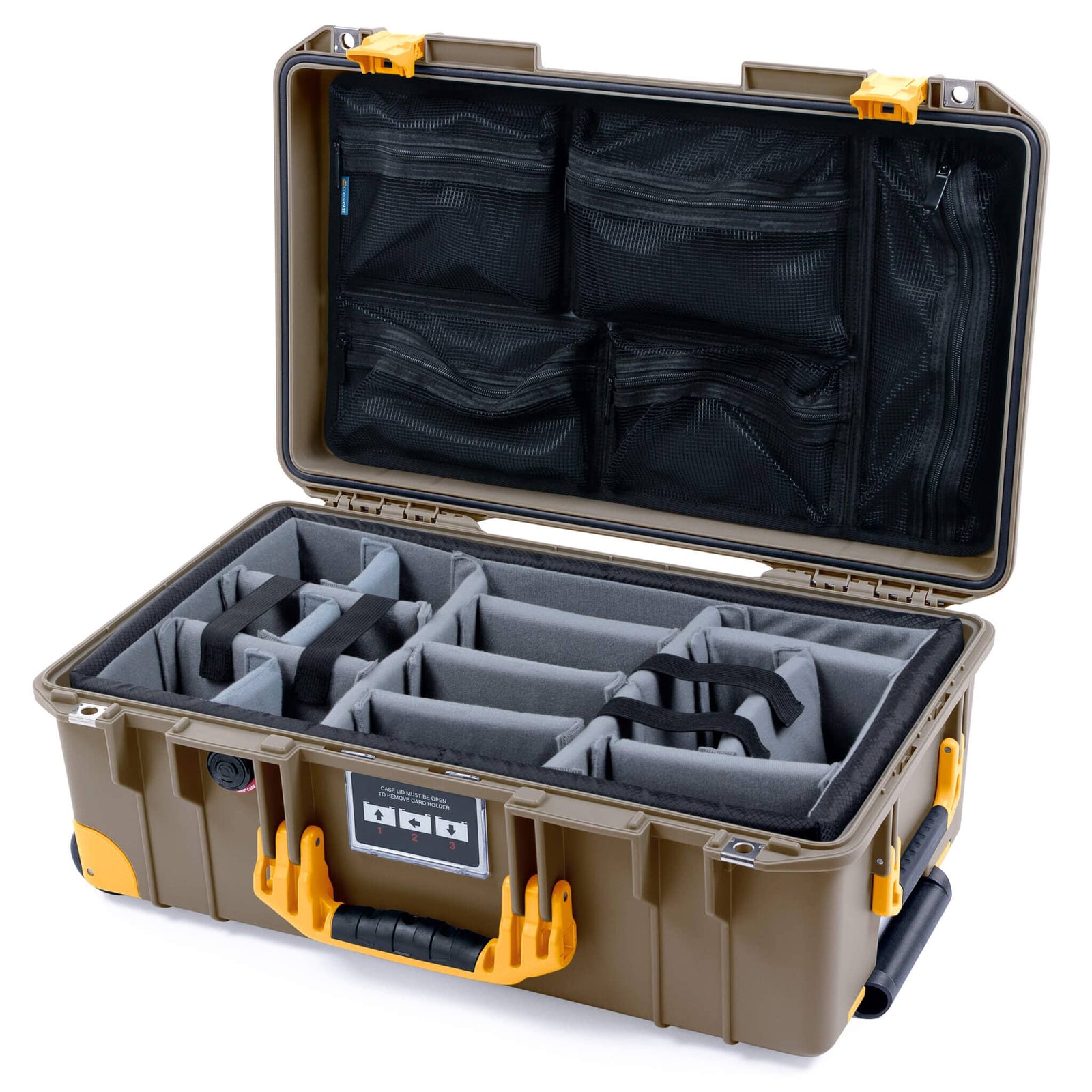 Pelican 1535 Air Case, Dark Desert Dirt with Yellow Handles, Latches & Trolley Gray Padded Microfiber Dividers with Mesh Lid Organizer ColorCase 015350-0170-580-241-240