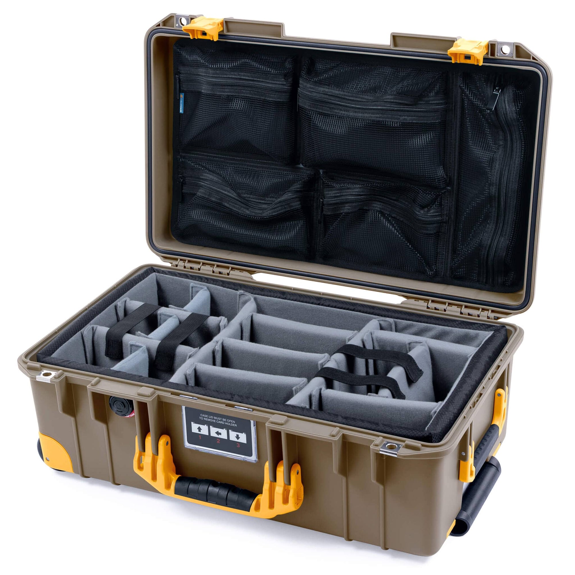 Pelican 1535 Air Case, Dark Desert Dirt with Yellow Handles, Latches & Trolley Gray Padded Microfiber Dividers with Mesh Lid Organizer ColorCase 015350-0170-580-241-240