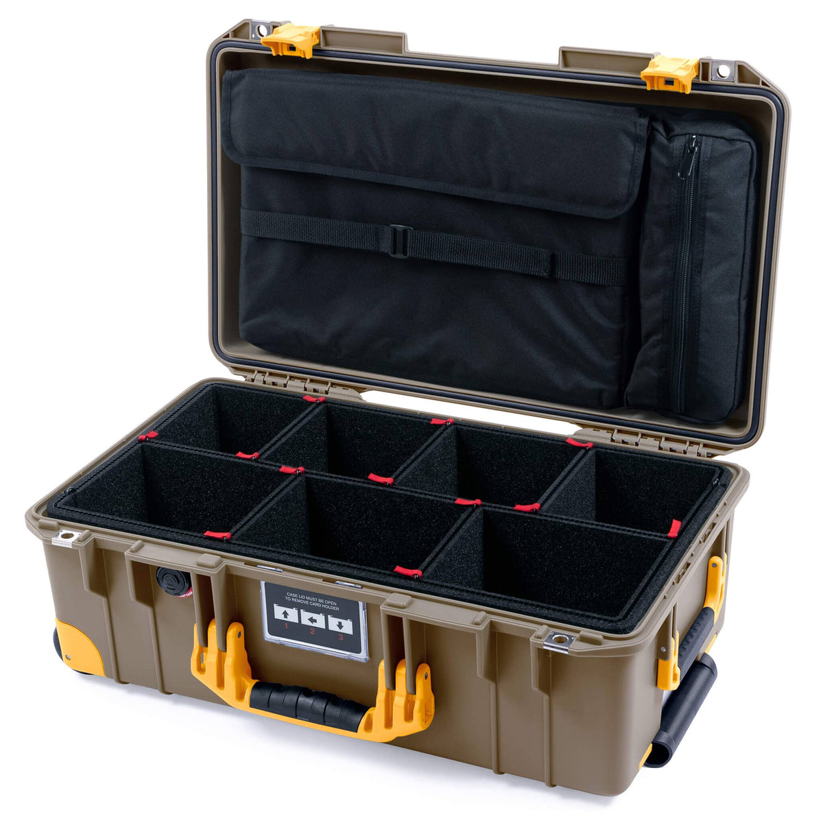 Pelican 1535 Air Case, Dark Desert Dirt with Yellow Handles, Latches &amp; Trolley TrekPak Divider System with Computer Pouch ColorCase 015350-0220-580-241-240