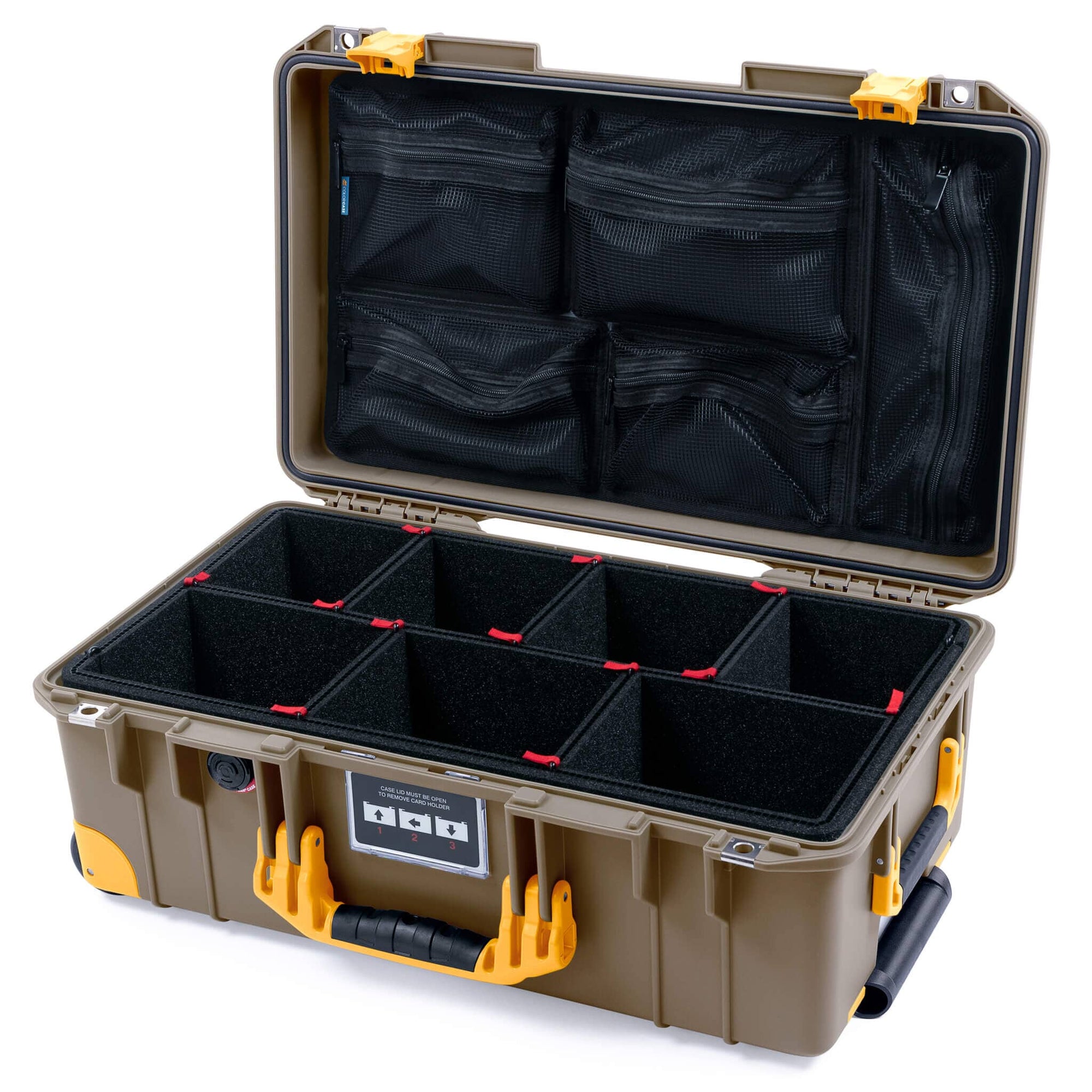 Pelican 1535 Air Case, Dark Desert Dirt with Yellow Handles, Latches & Trolley TrekPak Divider System with Mesh Lid Organizer ColorCase 015350-0120-580-241-240