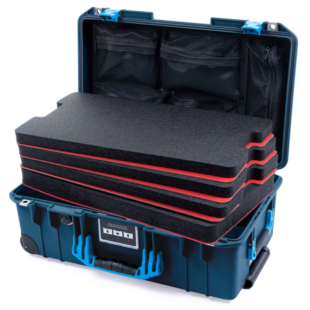 Pelican 1535 Air Case, Deep Pacific with Blue Handles &amp; Push-Button Latches Custom Tool Kit (4 Foam Inserts with Mesh Lid Organizer) ColorCase 015350-0160-550-120