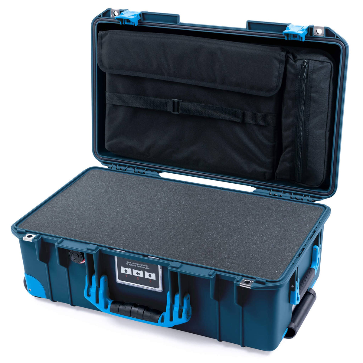 Pelican 1535 Air Case, Deep Pacific with Blue Handles, Push-Button Latches &amp; Trolley Pick &amp; Pluck Foam with Computer Pouch ColorCase 015350-0201-550-120-120