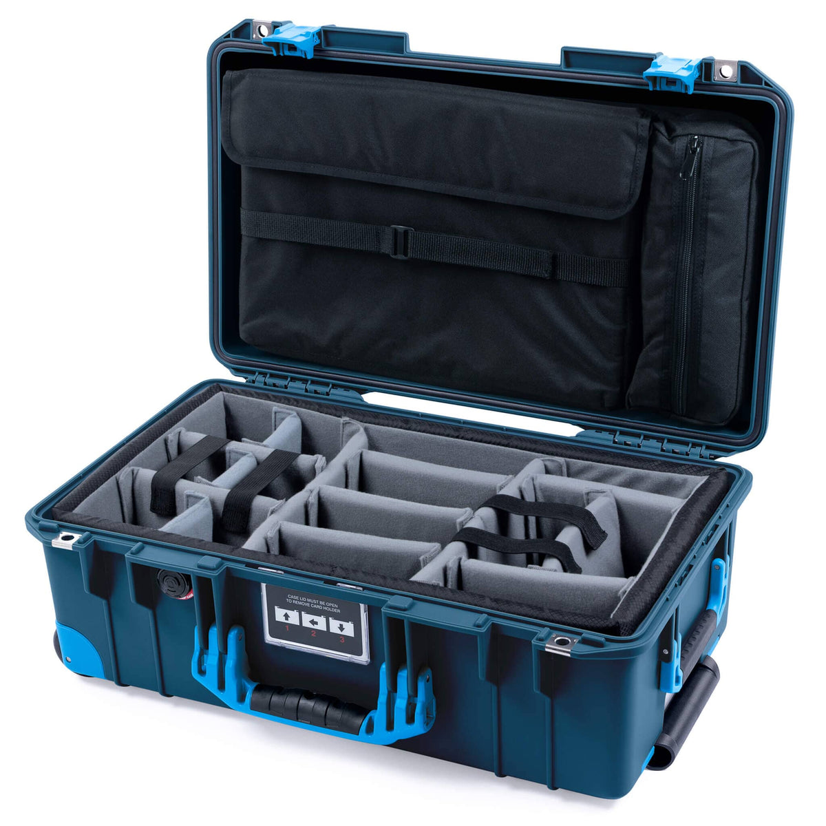 Pelican 1535 Air Case, Deep Pacific with Blue Handles, Push-Button Latches &amp; Trolley Gray Padded Microfiber Dividers with Computer Pouch ColorCase 015350-0270-550-120-120