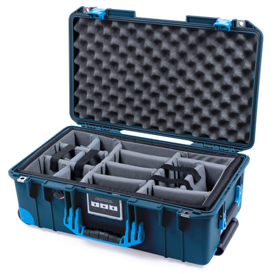 Pelican 1535 Air Case, Deep Pacific with Blue Handles, Push-Button Latches & Trolley Gray Padded Microfiber Dividers with Convolute Lid Foam ColorCase 015350-0070-550-120-120