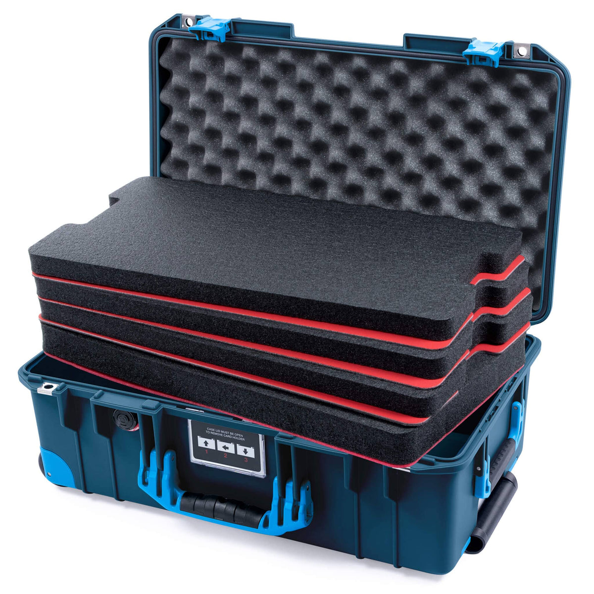 Pelican 1535 Air Case, Deep Pacific with Blue Handles, Push-Button Latches &amp; Trolley Custom Tool Kit (4 Foam Inserts with Convolute Lid Foam) ColorCase 015350-0060-550-120-120