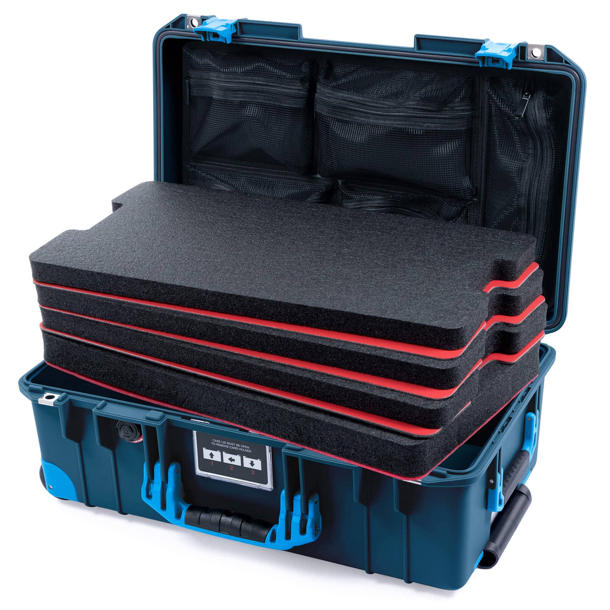 Pelican 1535 Air Case, Deep Pacific with Blue Handles, Push-Button Latches &amp; Trolley Custom Tool Kit (4 Foam Inserts with Mesh Lid Organizer) ColorCase 015350-0160-550-120-120